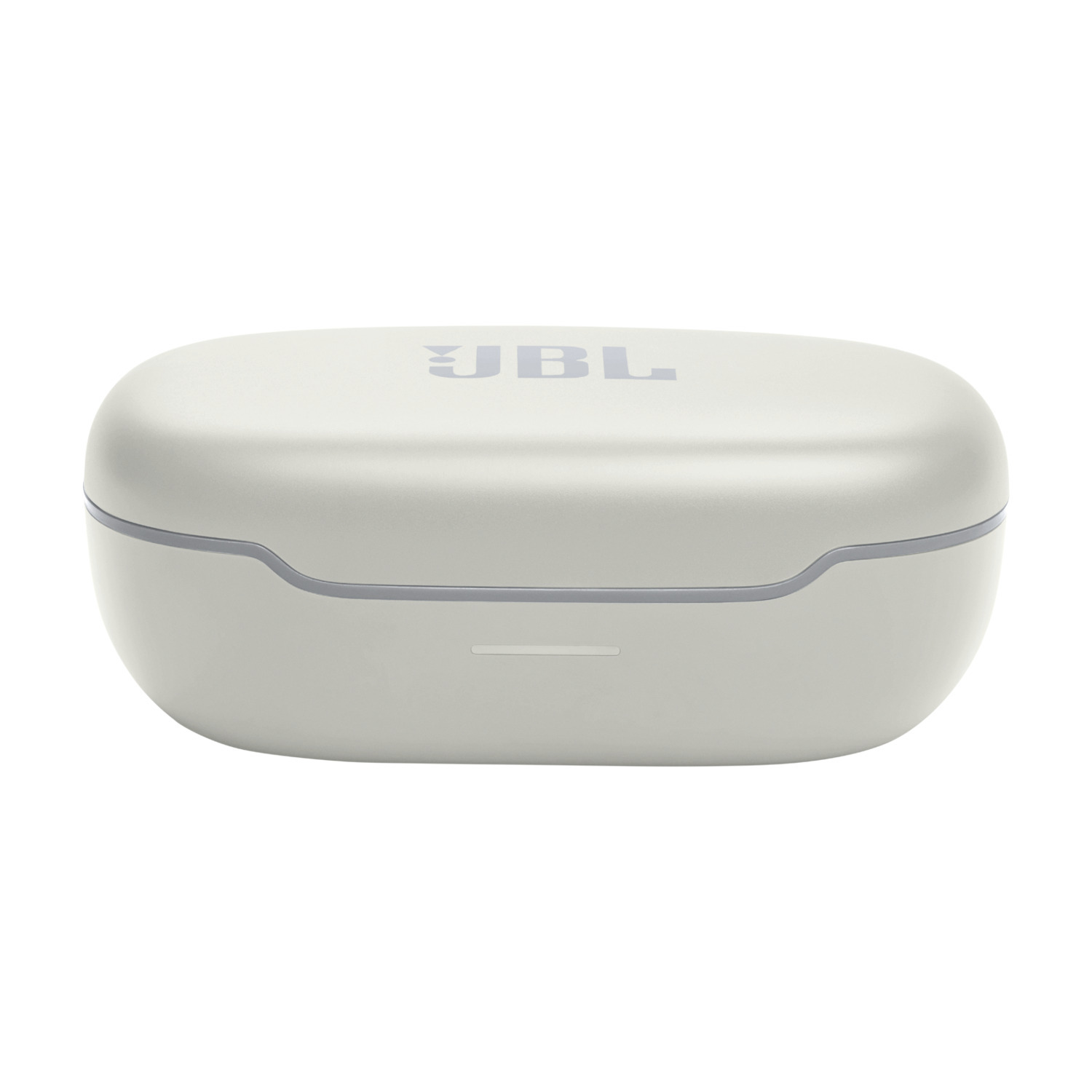 White JBL charging case. JBL logo visible. Grey trim detail. White background.