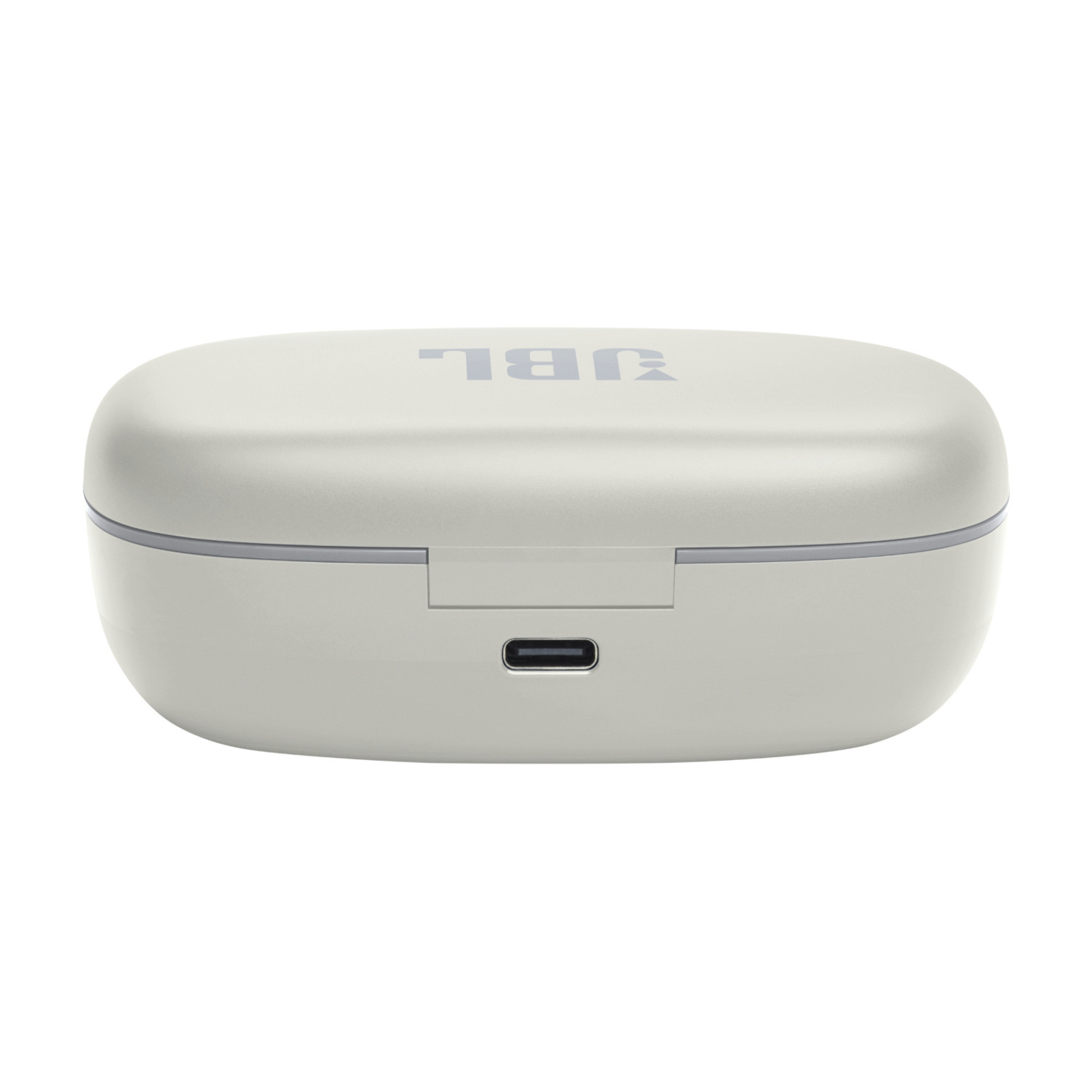 A white JBL earbud case. The top lid has the JBL logo.