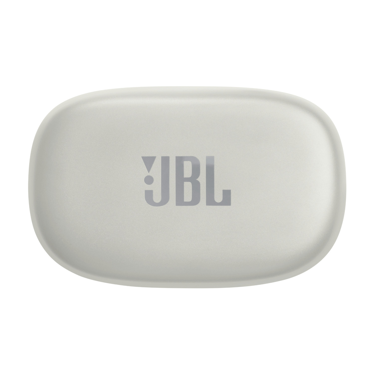 The top of a JBL charging case is shown. The case is white with the JBL logo.