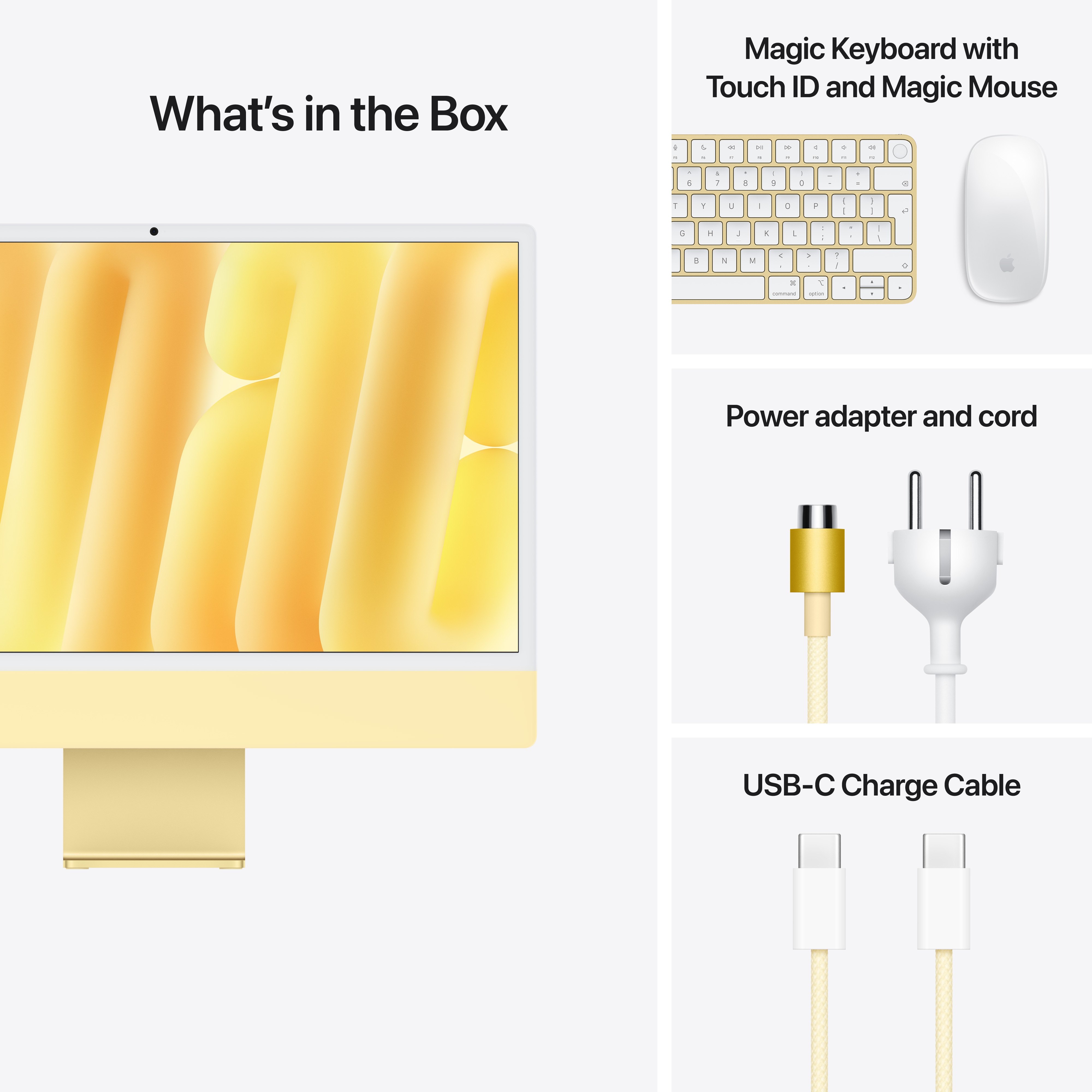iMac giallo, Magic Keyboard, Magic Mouse, adattatore di alimentazione e cavo USB-C nella scatola. Sfondo giallo.