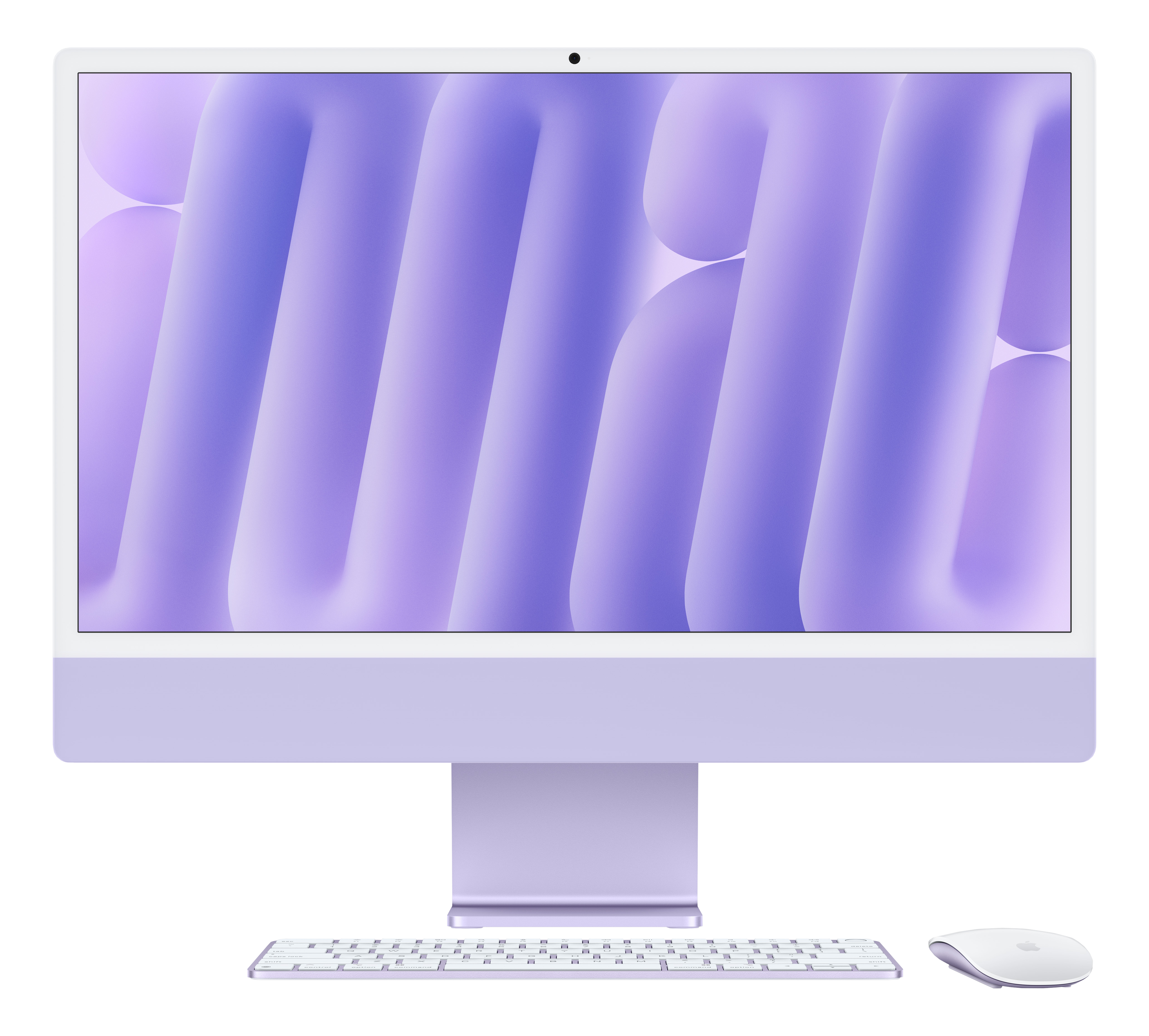Lila iMac-Computer mit Tastatur und Maus, heller Hintergrund.