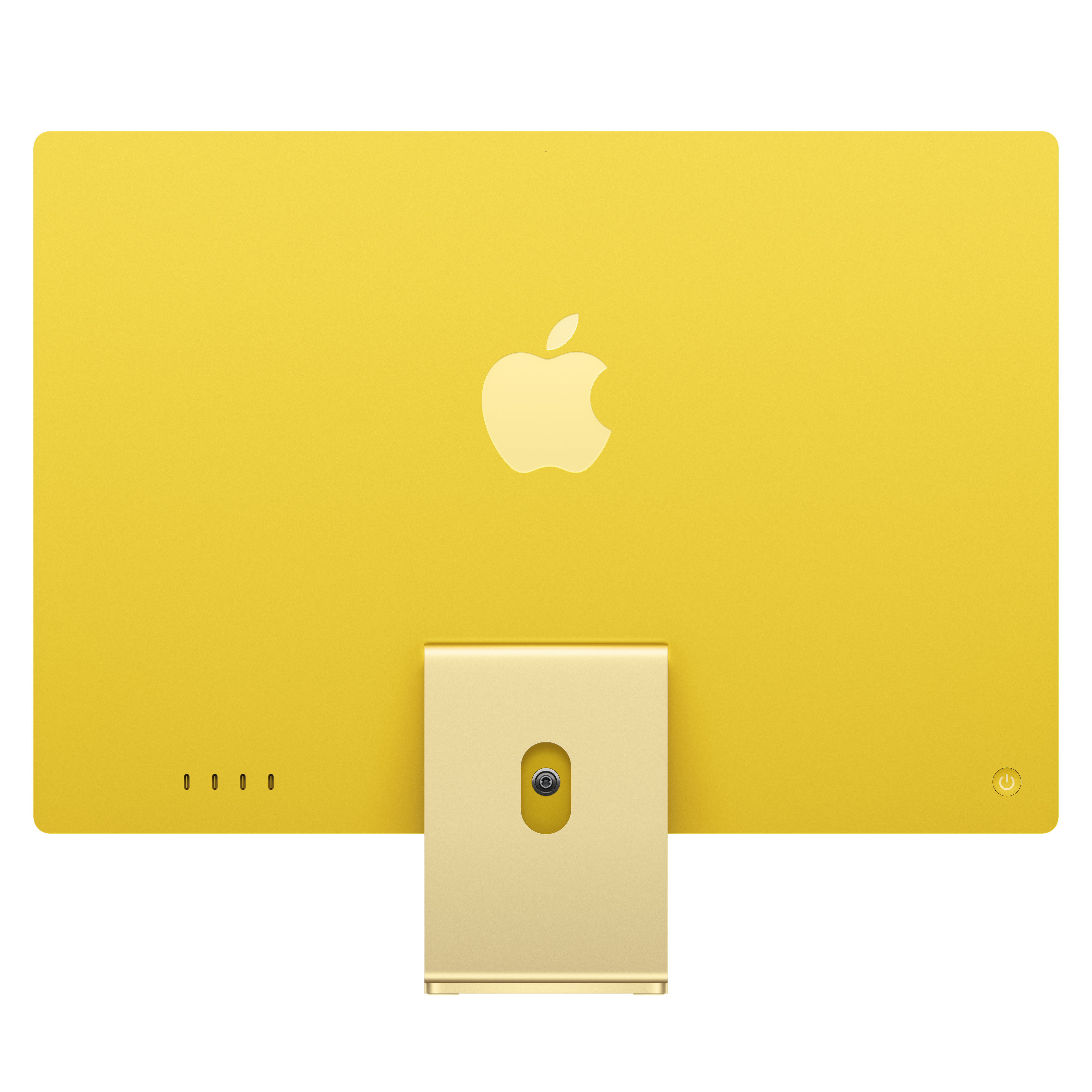 Gelber Apple iMac Computer, Rückansicht. Das Apple-Logo ist sichtbar, der Ständer ist goldfarben.