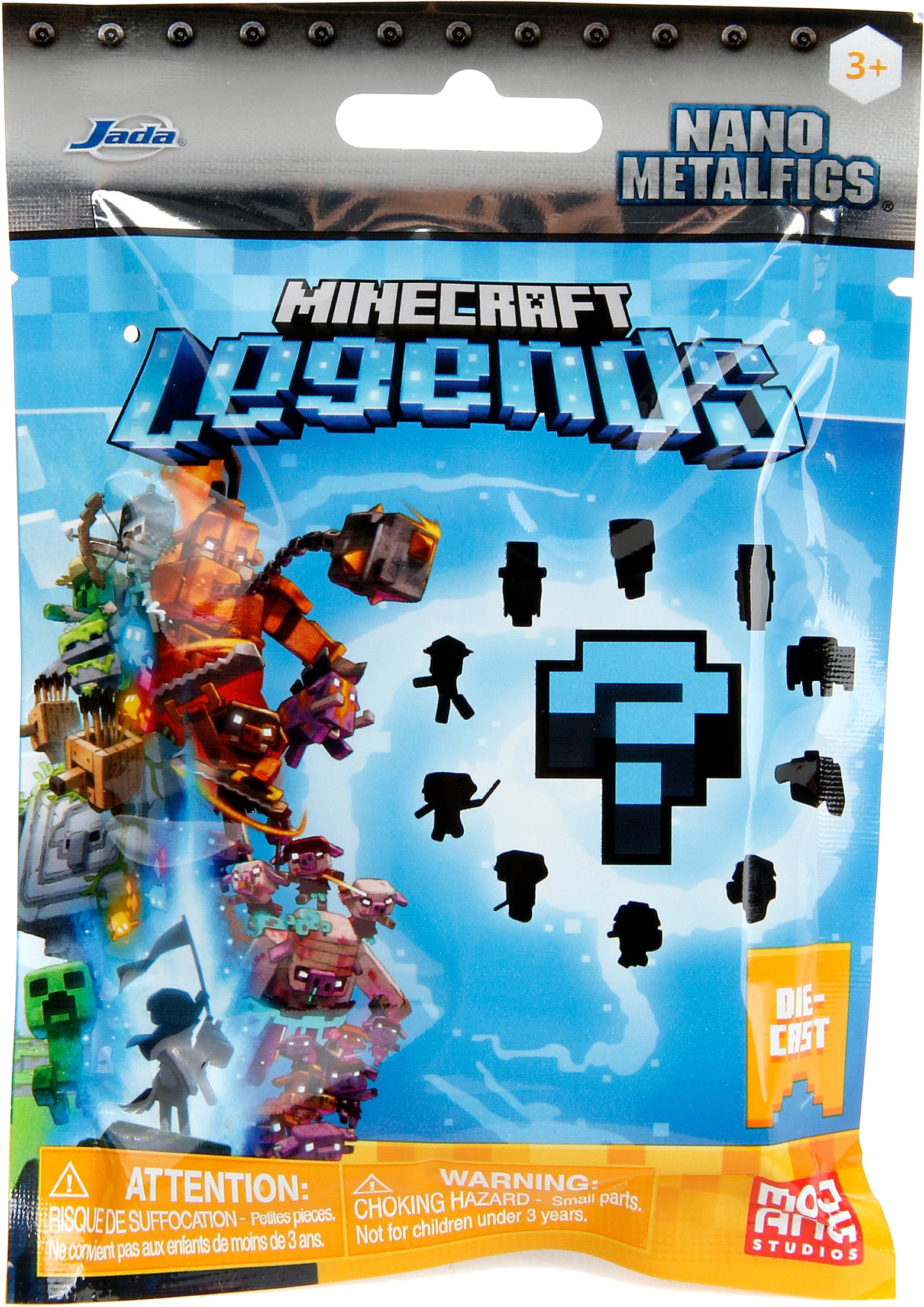 Minecraft Legends Spielzeugverpackung. Figuren und Logos auf blauem und klarem Kunststoff.