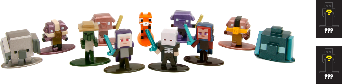 Eine Gruppe kleiner Minecraft-Figuren ist auf einer schwarzen Oberfläche angeordnet. Zwei Figuren unbekannt.