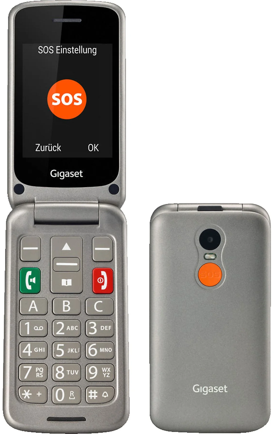 Hajtható telefon nagy gombokkal, SOS kijelzővel és hátlapi kamerával.