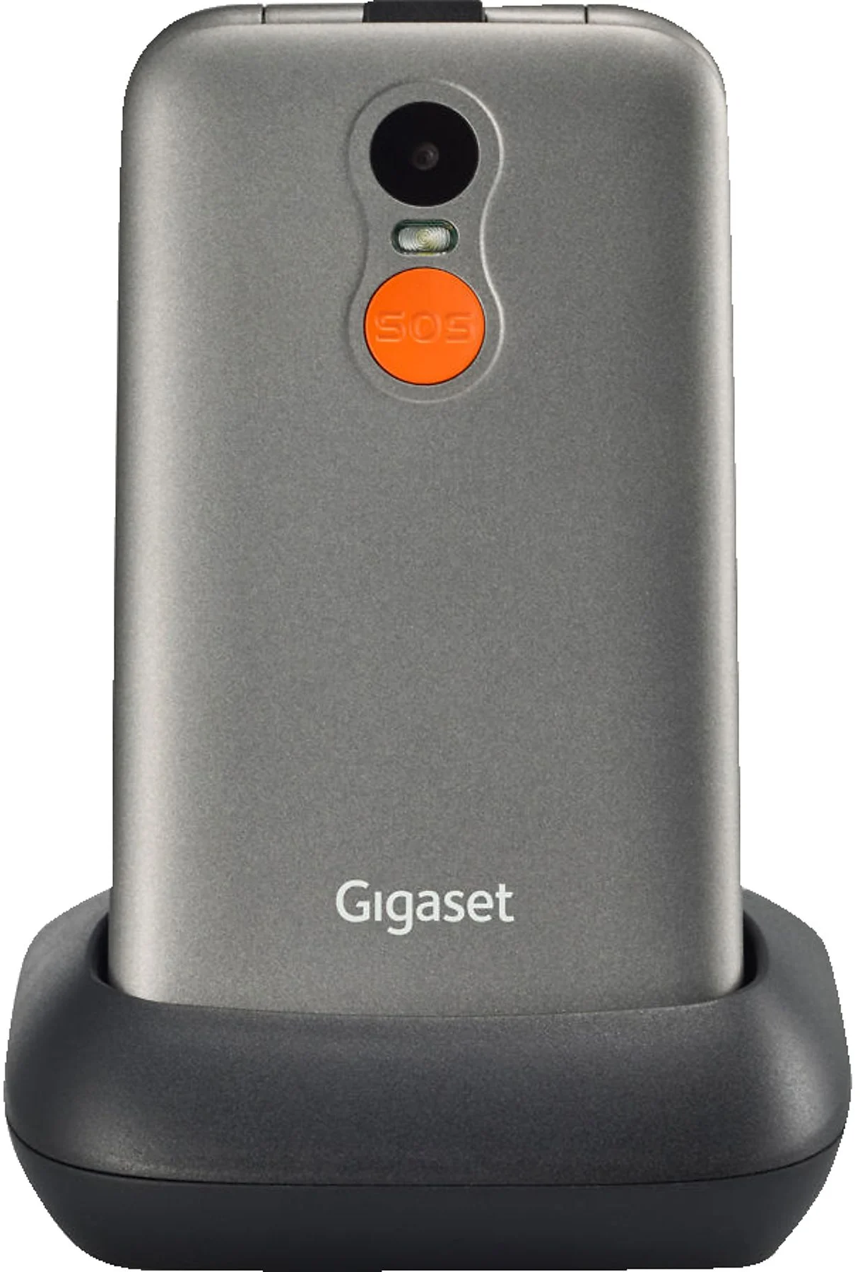 Szürke telefon narancssárga SOS gombbal. Fekete töltőbölcsőben van.