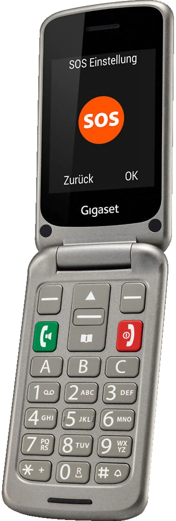 Nyitott ezüst kagylótelefon nagy gombokkal és SOS gombbal a képernyőn.