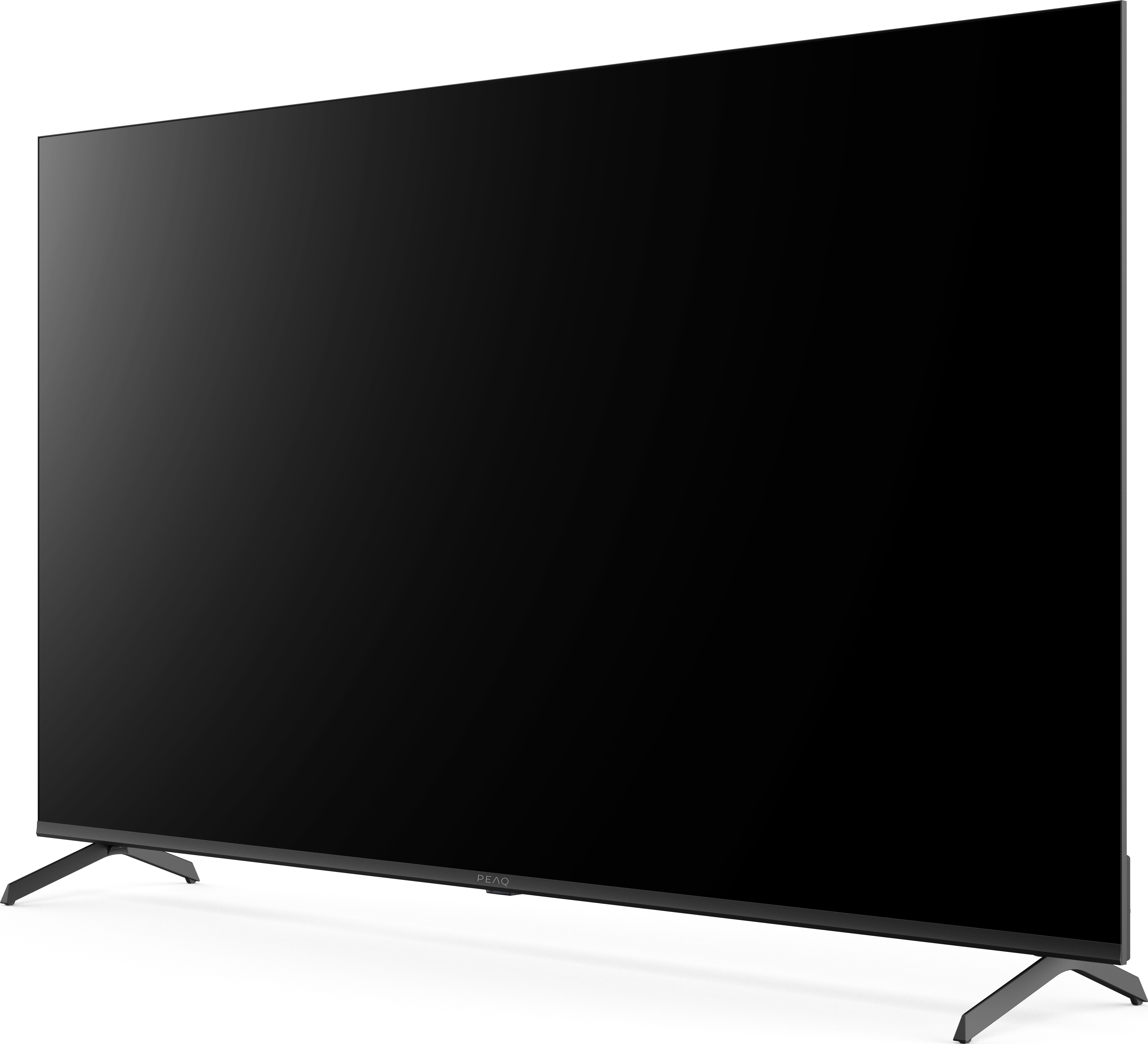 Un grand téléviseur à écran plat noir et élégant avec un support noir, sur fond blanc.
