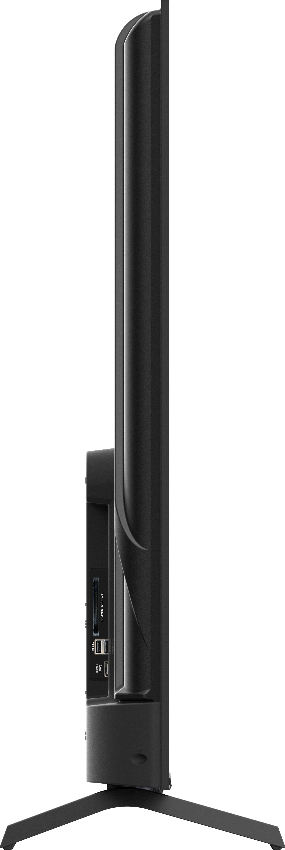 Vue latérale d'un téléviseur noir. Design élégant, sur deux pieds. Connecteurs visibles à l'arrière.