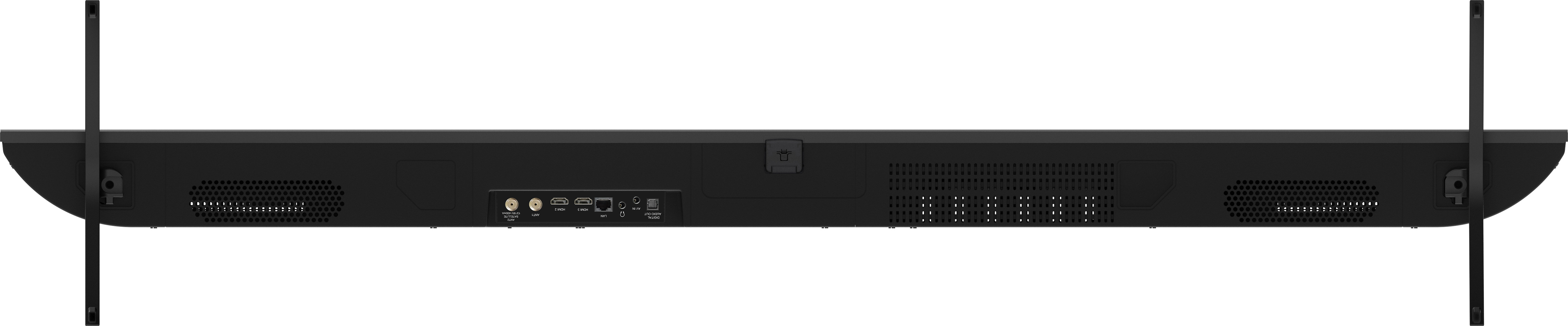 Arrière d'un téléviseur. Noir, avec ports et aérations visibles.