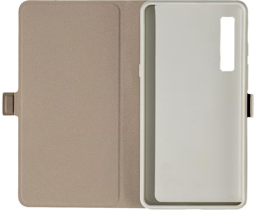 Eine beige Handyhülle, offen. Im Inneren befindet sich eine weiße Handyhalterung. Der Hintergrund ist beige.