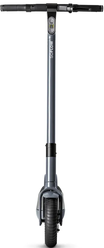 Scooter elettrico SoFlow grigio, vista frontale. Manubrio e pneumatico neri, sfondo bianco.