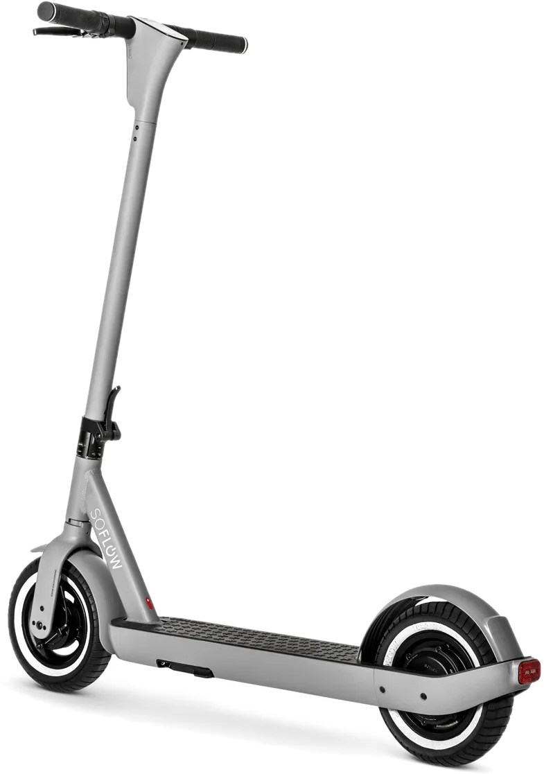 Une trottinette électrique SoFlow grise sur fond blanc. Elle a des roues noires avec des accents blancs et un guidon noir.