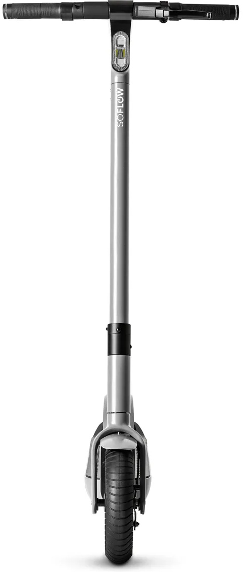 Une trottinette électrique grise SoFlow est centrée sur un fond blanc. Le guidon et le pneu sont visibles.