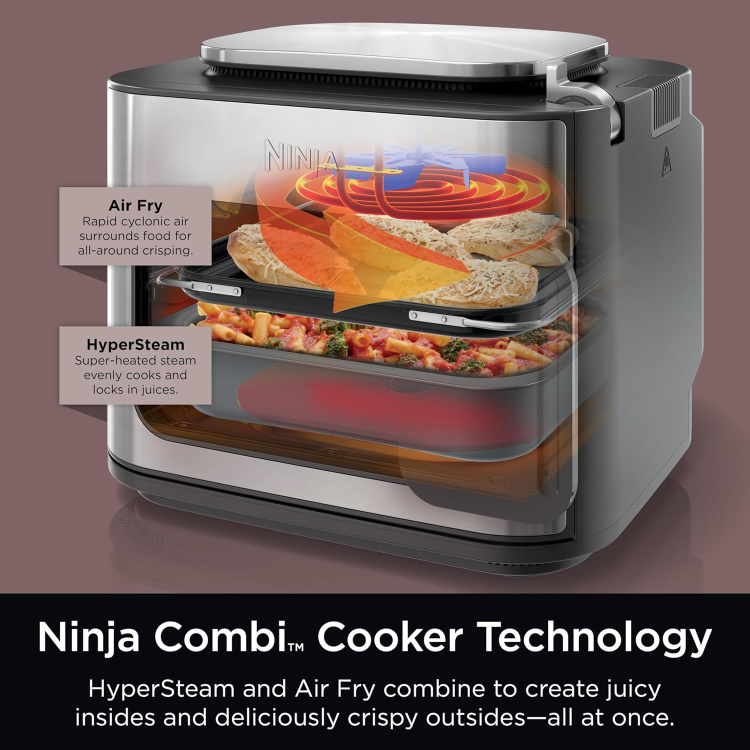 Ninja Combi-Kocher, mit Essen und Etiketten.