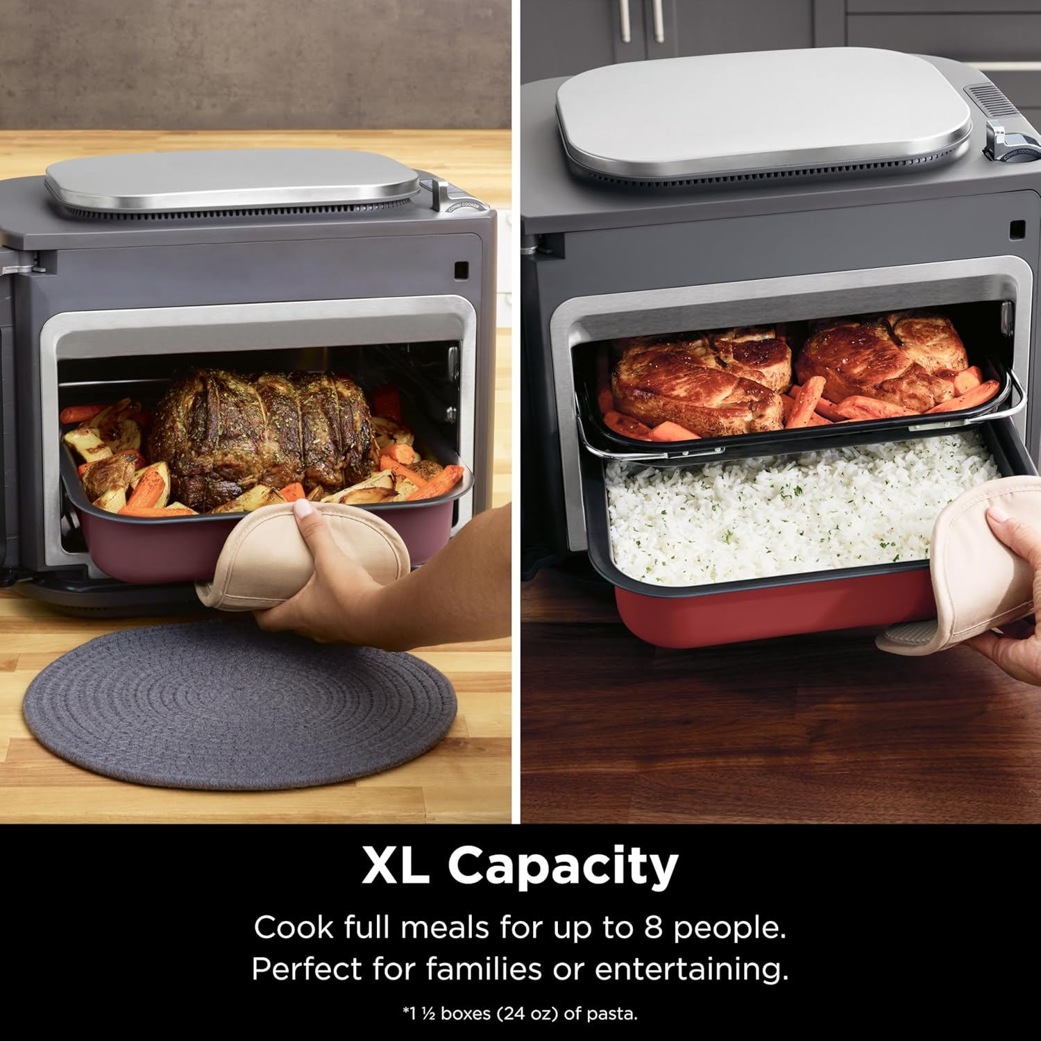 Zwei Öfen mit Essen, Braten und Reis. Text mit XL-Kapazität. Dunkler Hintergrund.