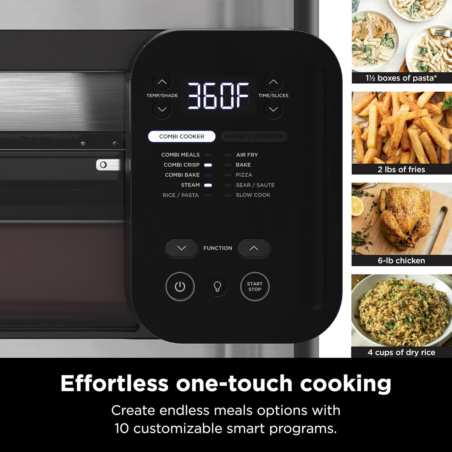 Nahaufnahme des Bedienfelds eines schwarzen Geräts und Beispielgerichte, Werbung für One-Touch-Kochen.