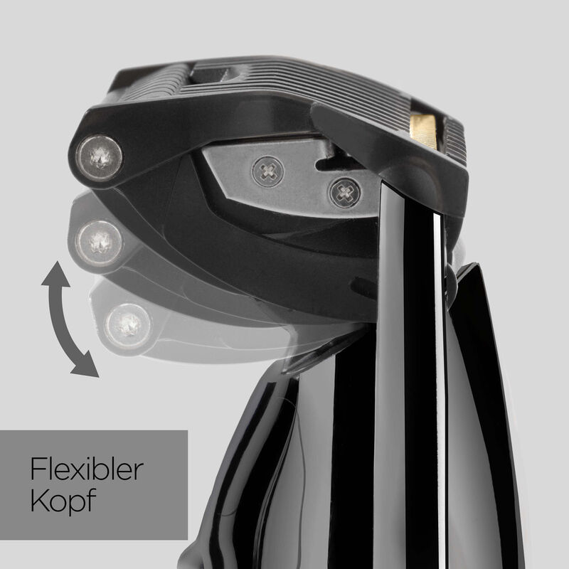 Gros plan sur une tête de rasoir noire avec des flèches montrant le mouvement flexible.