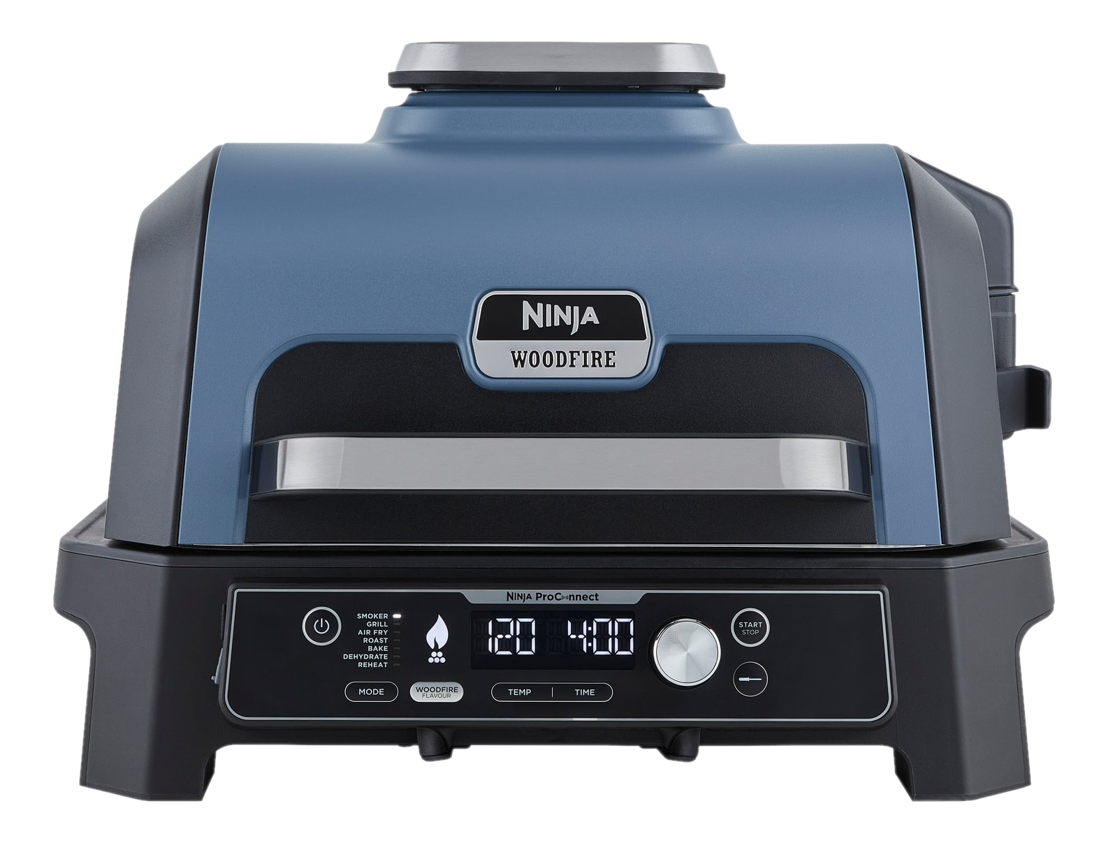 Ein blau-schwarzer Ninja Woodfire Grill mit Digitalanzeige für Temperatur- und Zeiteinstellungen.