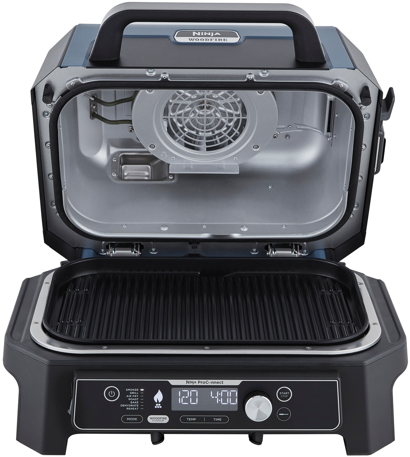 Offener Ninja Woodfire Grill mit Grillrosten. Ventilator im oberen Bereich, Digitalanzeige mit Zeit- und Temperatureinstellungen.