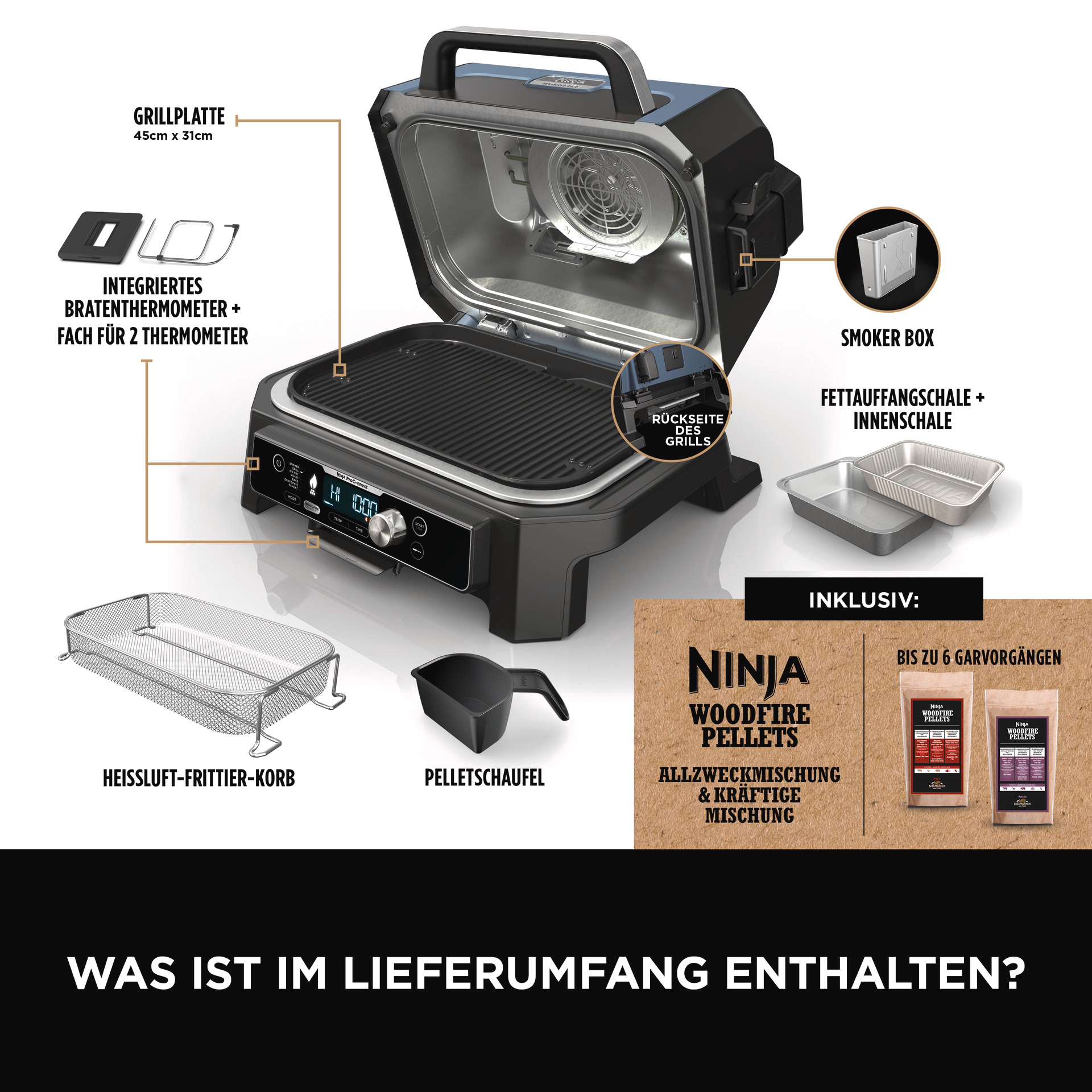 Ninja-Grill mit Zubehör und Textbeschriftungen.