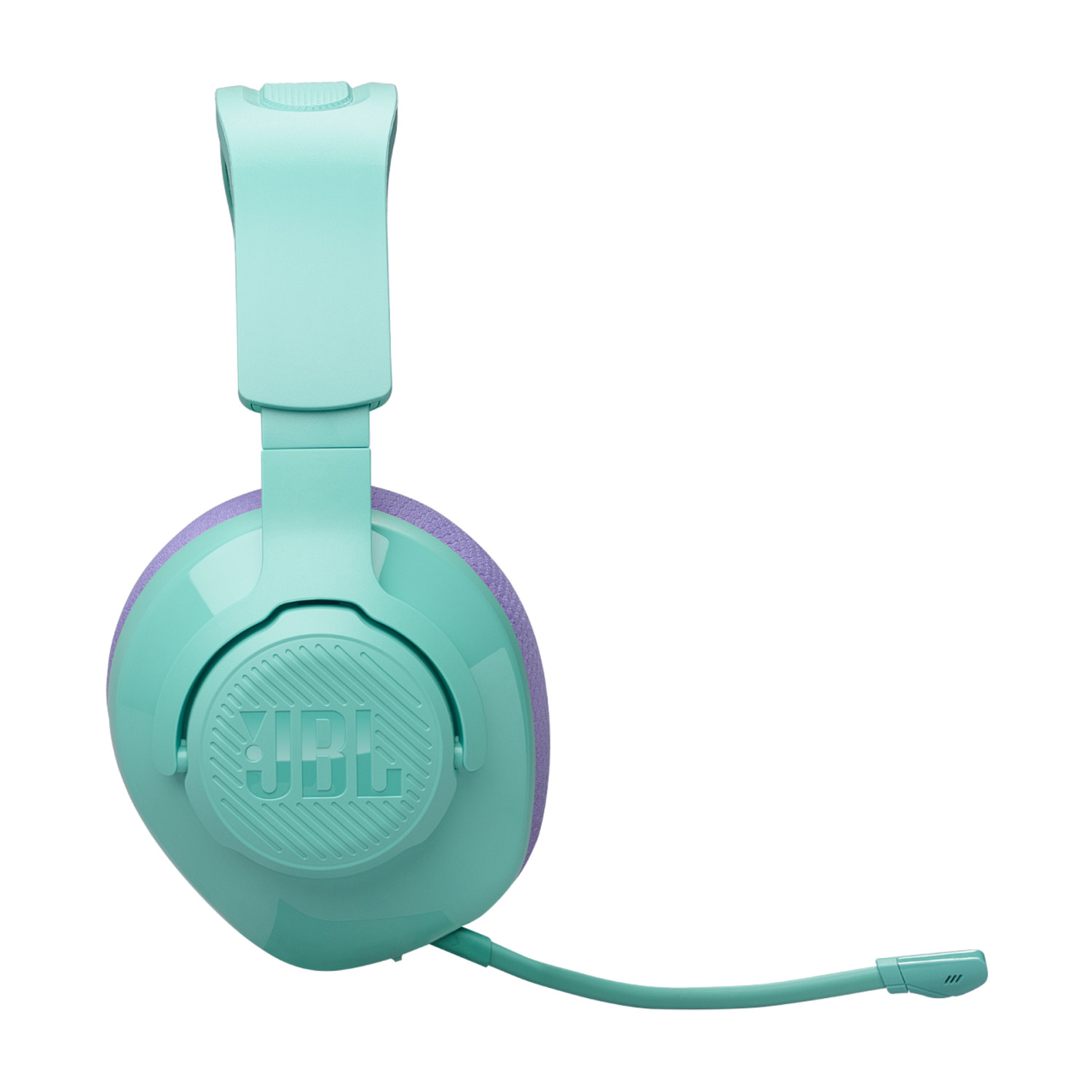 Casque JBL turquoise avec microphone. Accents violets sur les écouteurs.
