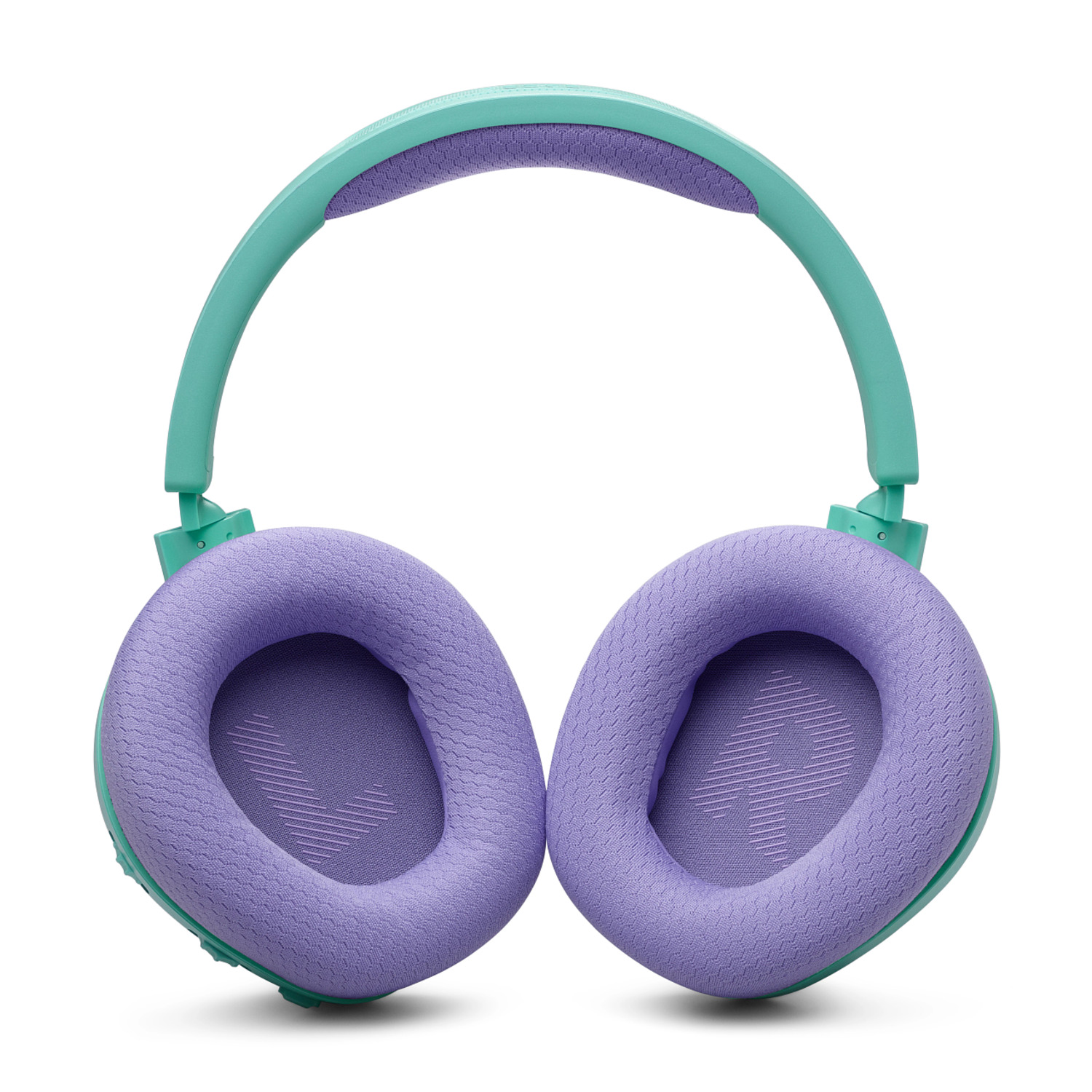 Casque JBL avec coussinets violets et bandeau turquoise, isolé sur fond blanc.