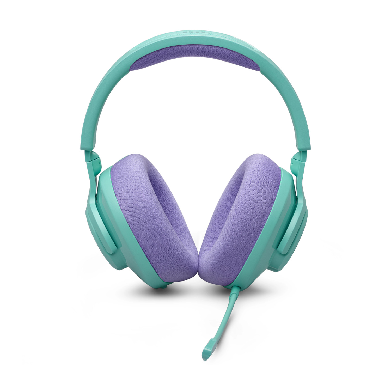 Casque vert menthe et violet, vue en angle. L'arceau et les écouteurs sont visibles.