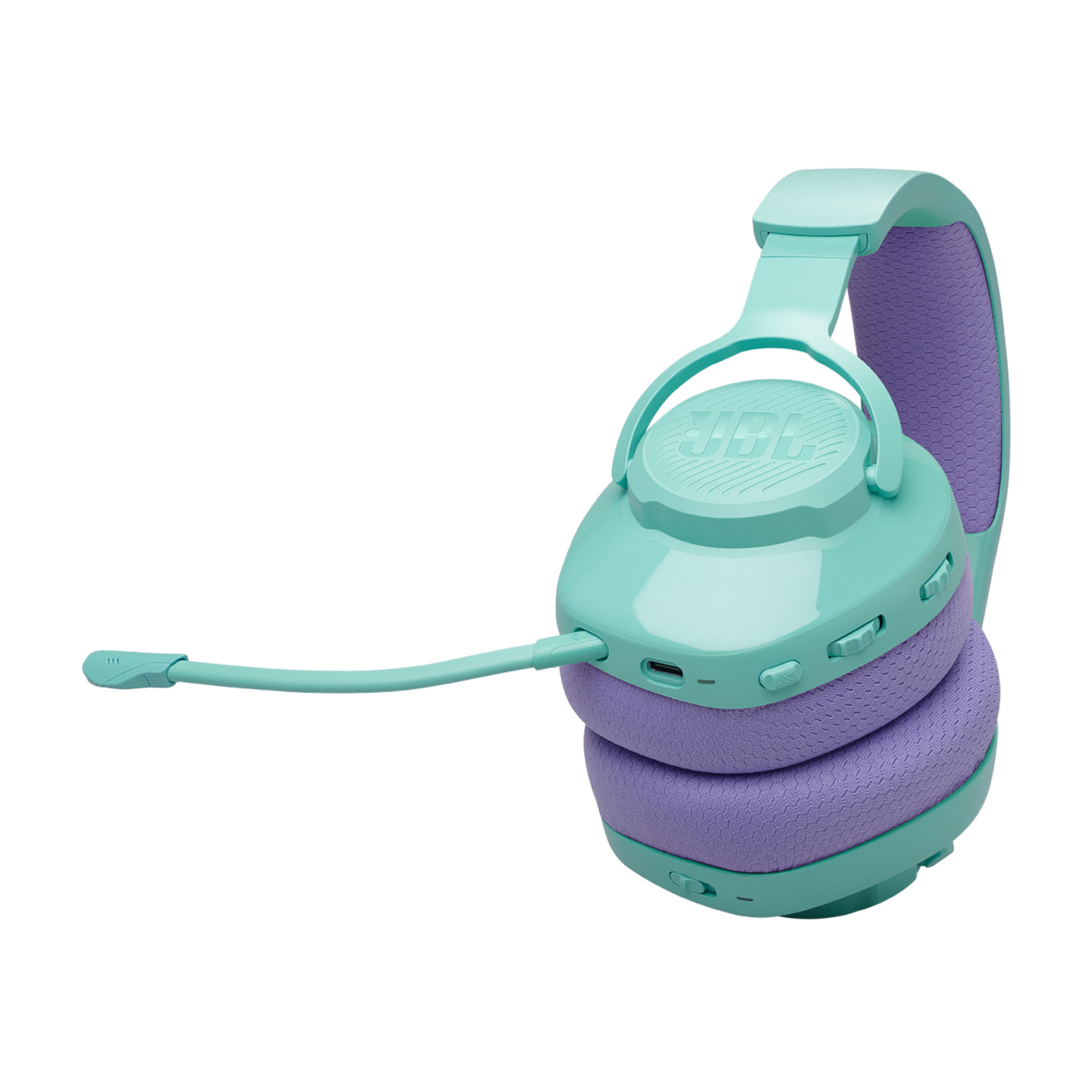 Casque JBL turquoise et violet avec micro-perche. Le logo JBL est visible.