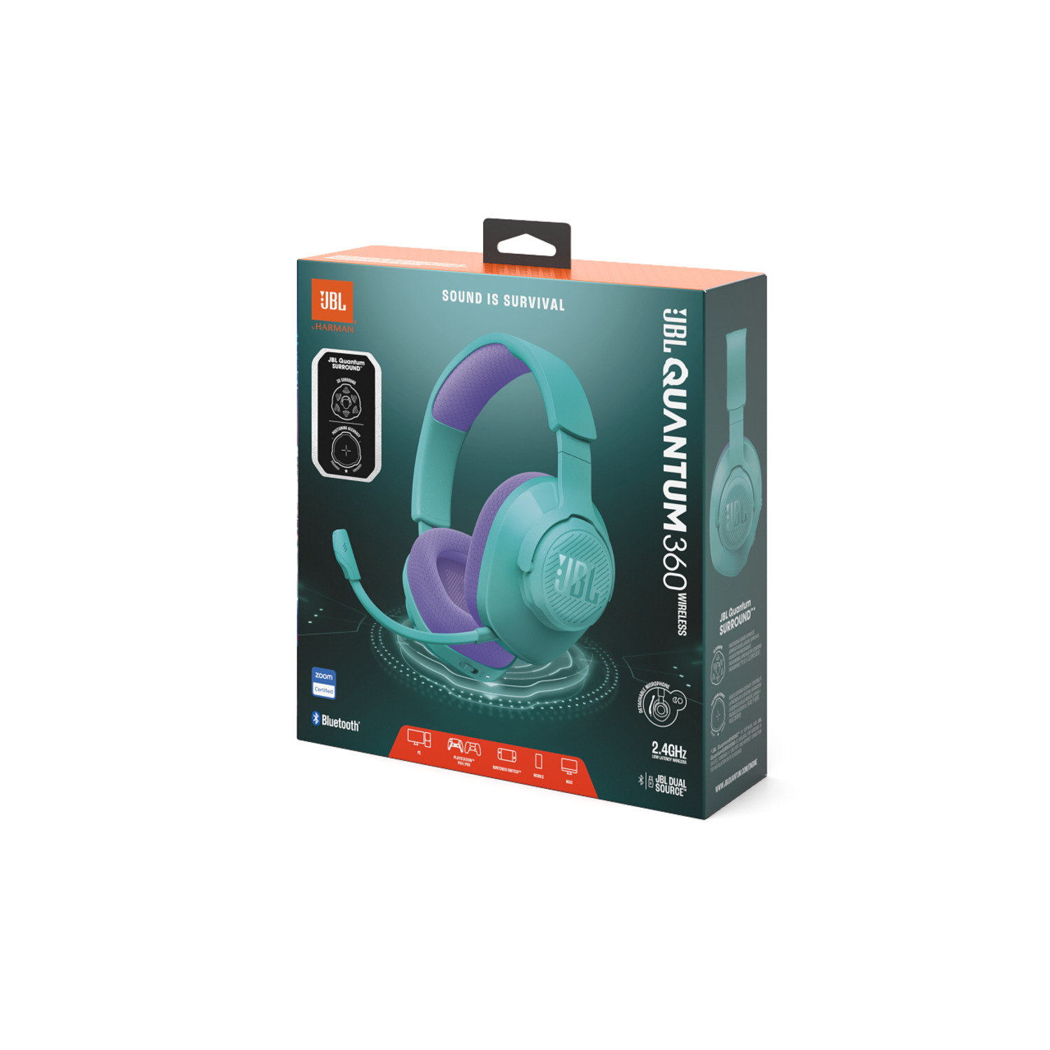Boîte du casque de jeu sans fil JBL Quantum 360, bleu turquoise et violet, avec logo Bluetooth.