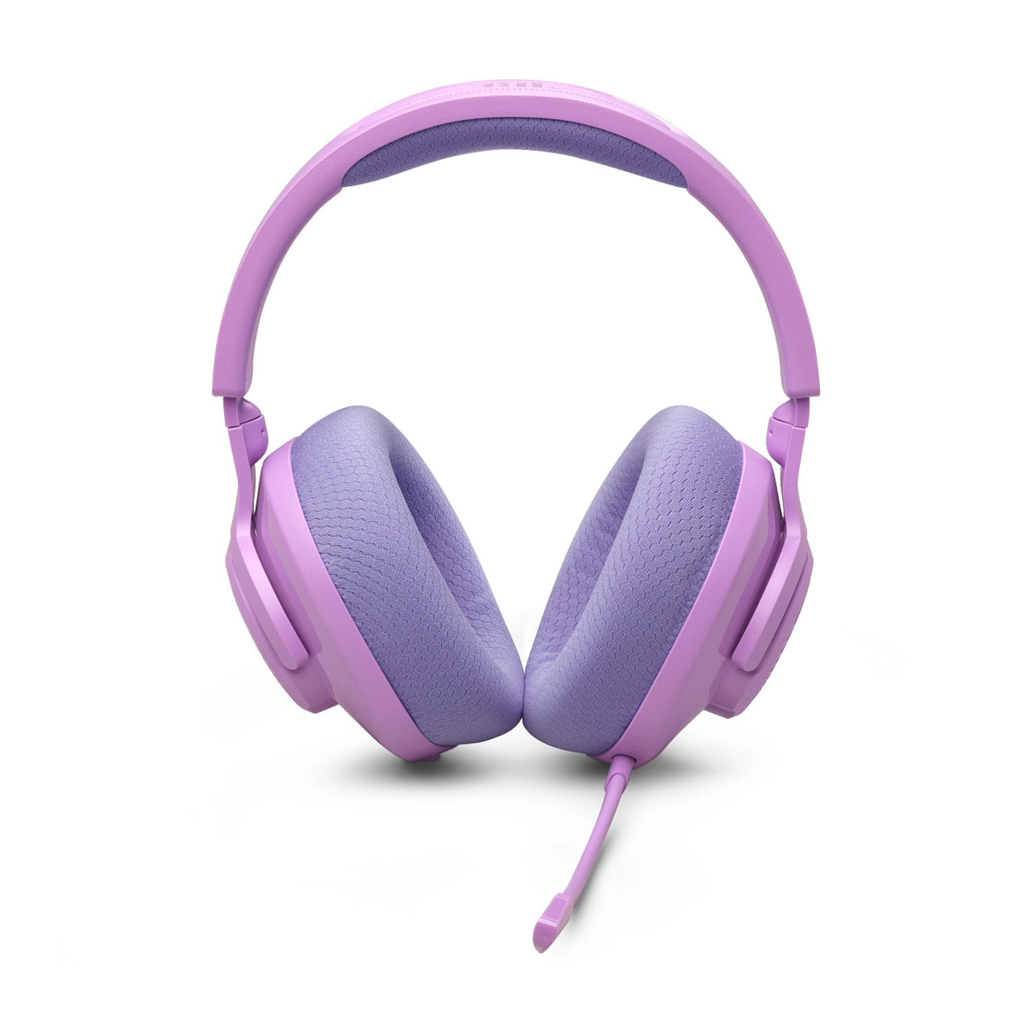Casque violet avec un microphone, sur fond blanc.