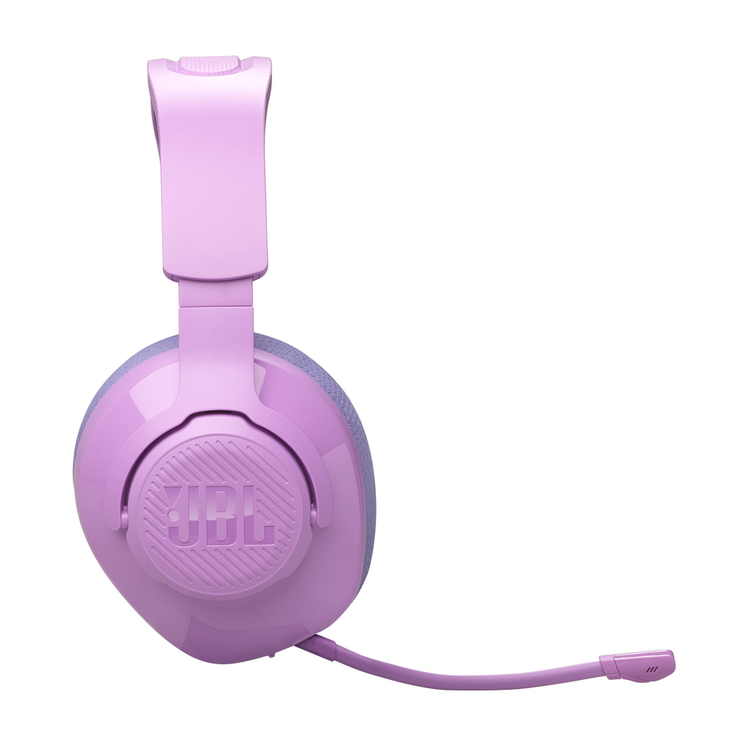 Casque JBL violet avec microphone. Le logo JBL est visible sur l'écouteur.