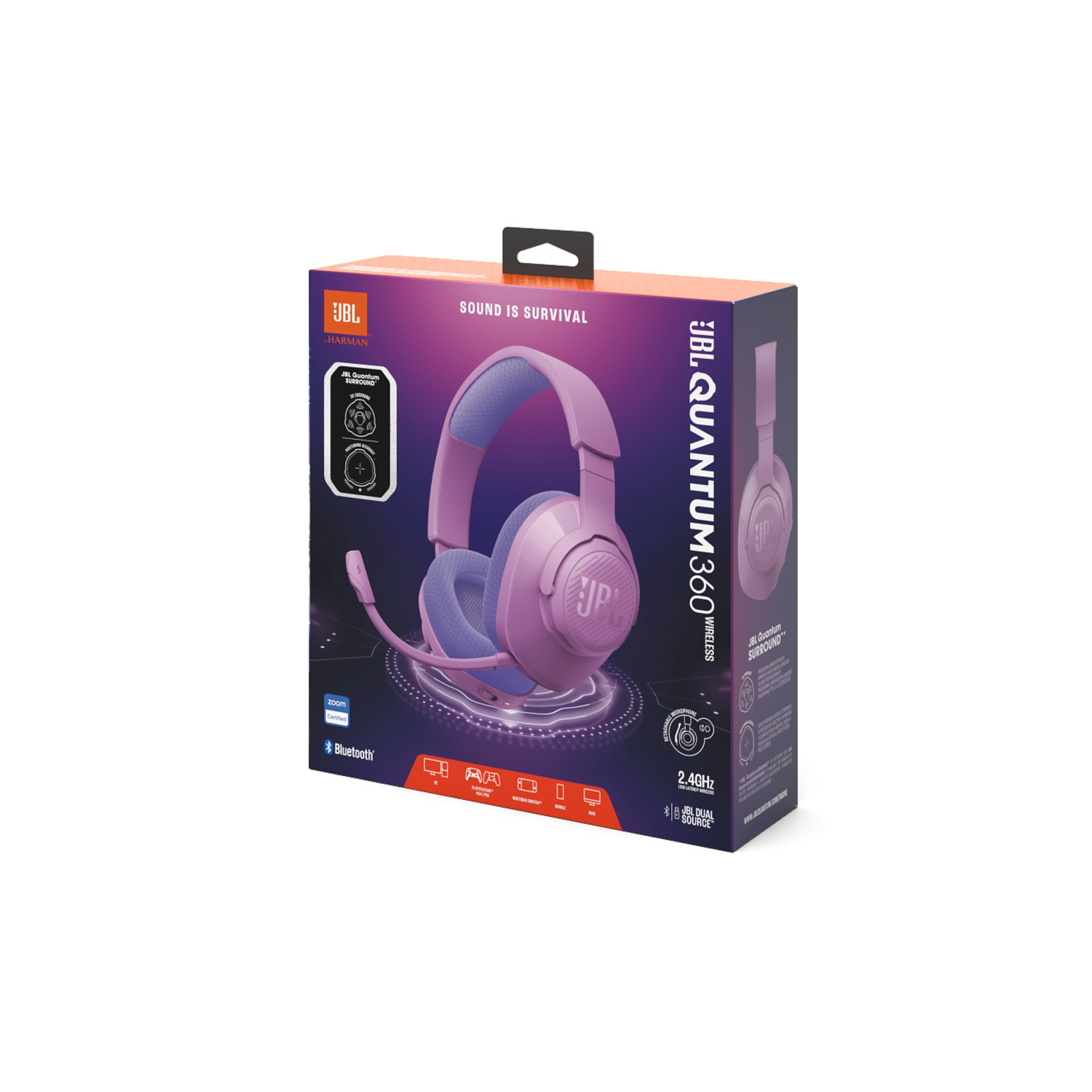 Boîte de casque. La boîte est violette, et le casque est violet et bleu.