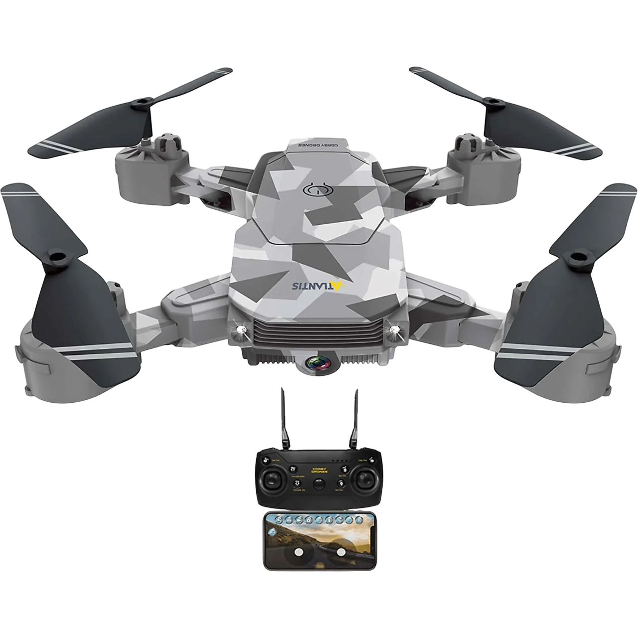 Gri ve beyaz kamuflajlı drone ve uzaktan kumanda.
