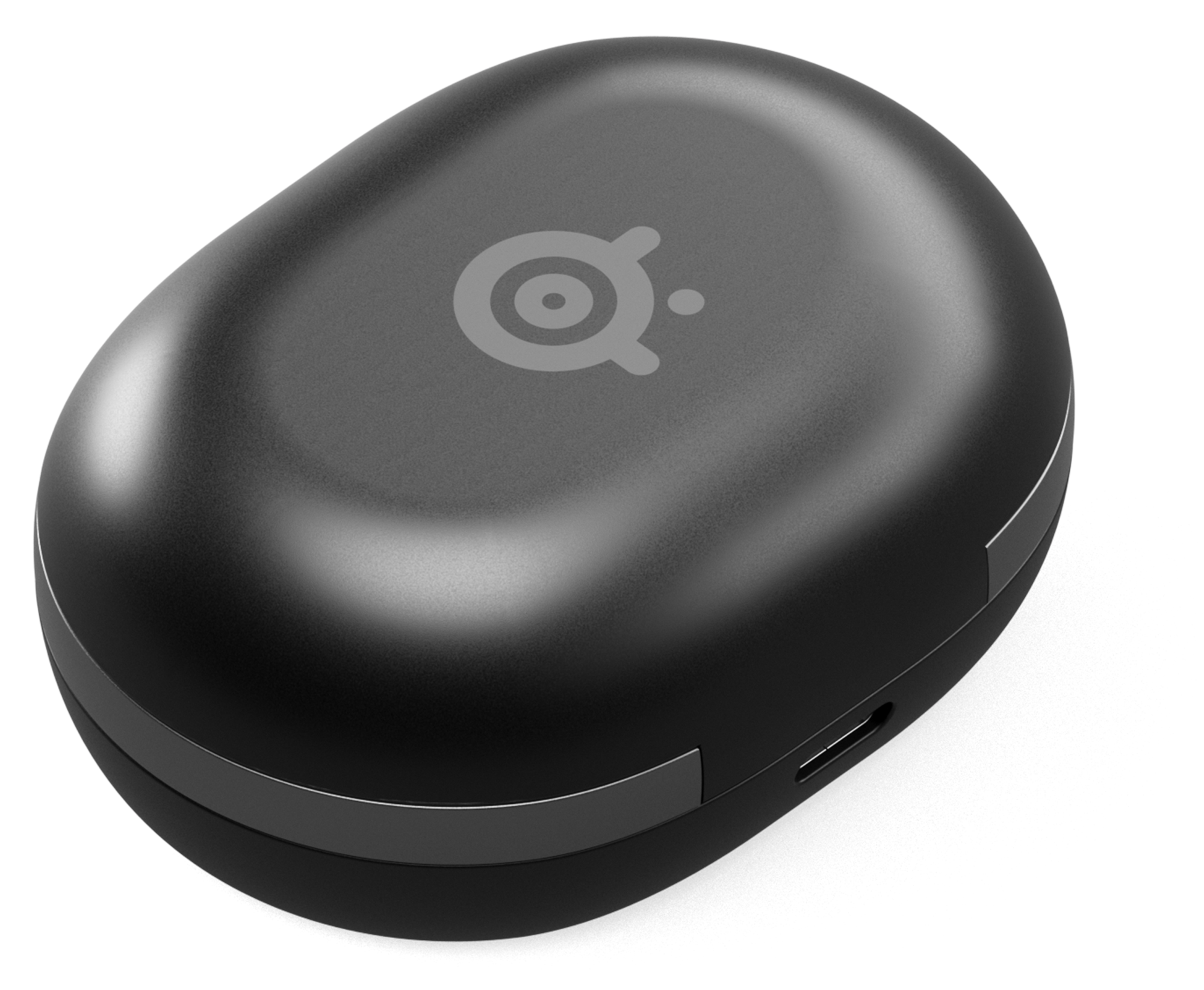Czarny, owalny futerał ładujący do słuchawek, z logo, na czarnej powierzchni.