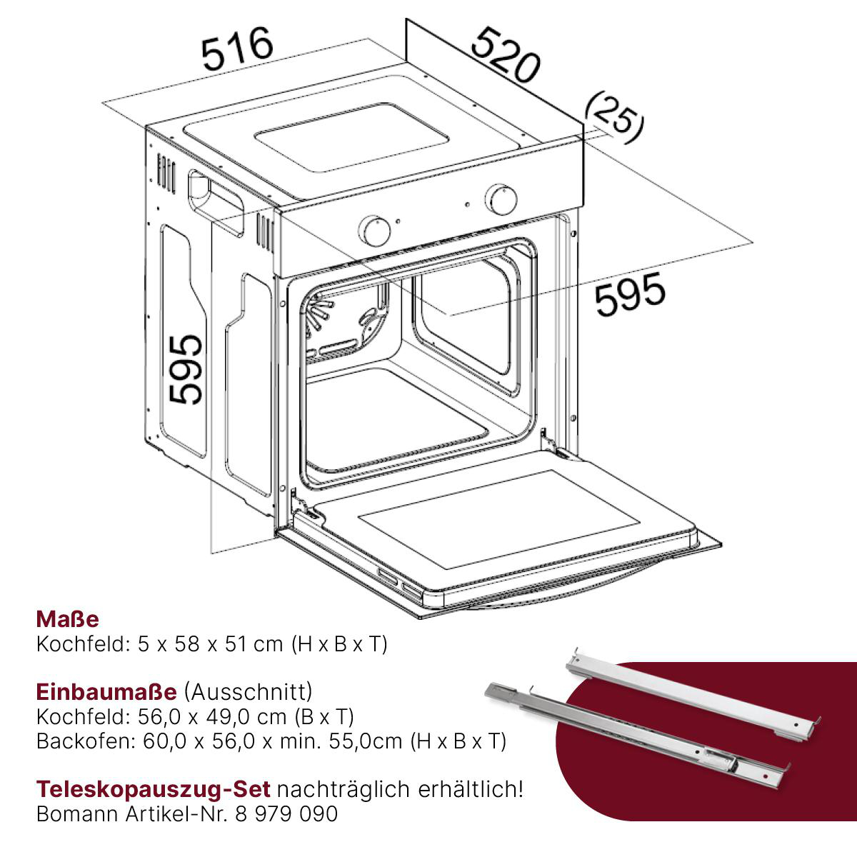 Ein Ofendiagramm mit Maßen in cm, mit geöffneter Tür und Text auf Deutsch.