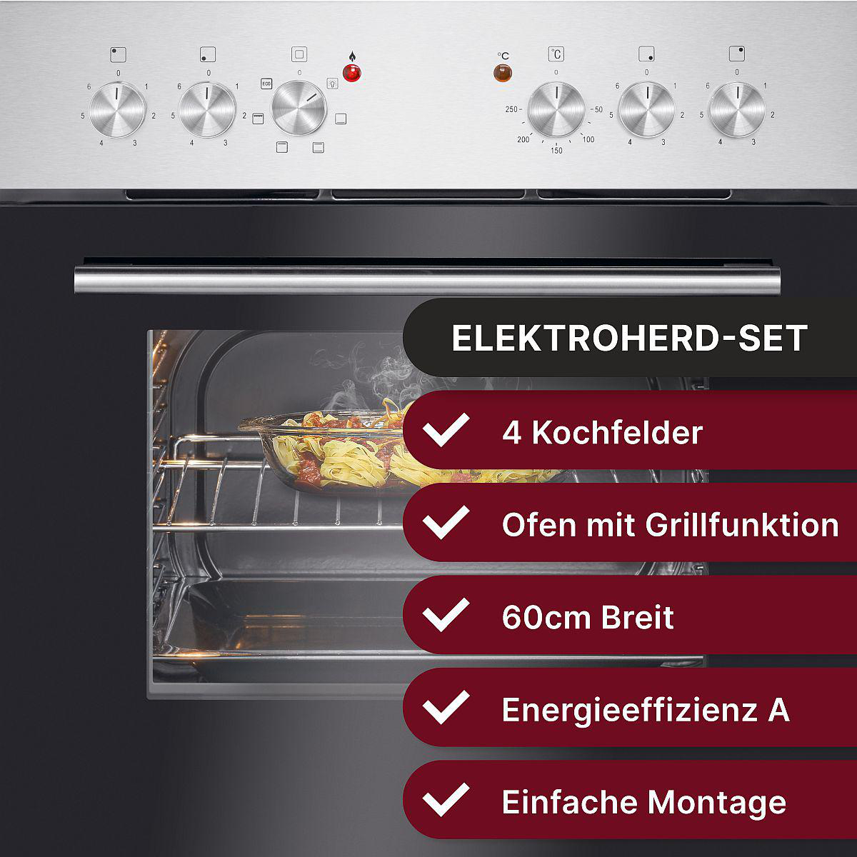 Ofenfront mit Text: Elektroherd-Set, zeigt Essen im Inneren. Rote Häkchen sichtbar.