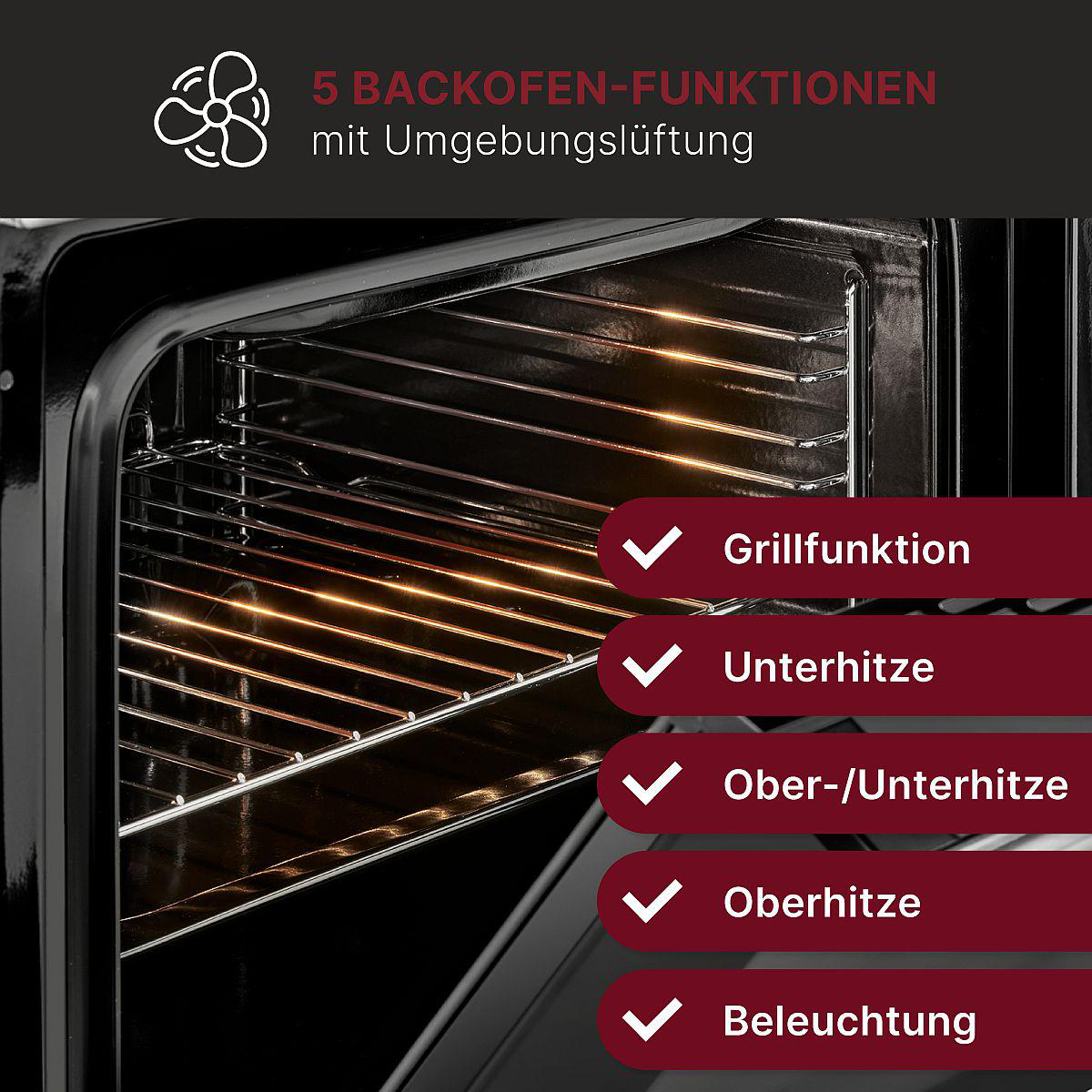 Backofen-Innenraum mit Funktionsbeschriftungen: Grill, Unterhitze, Ober-/Unterhitze, Oberhitze und Licht.