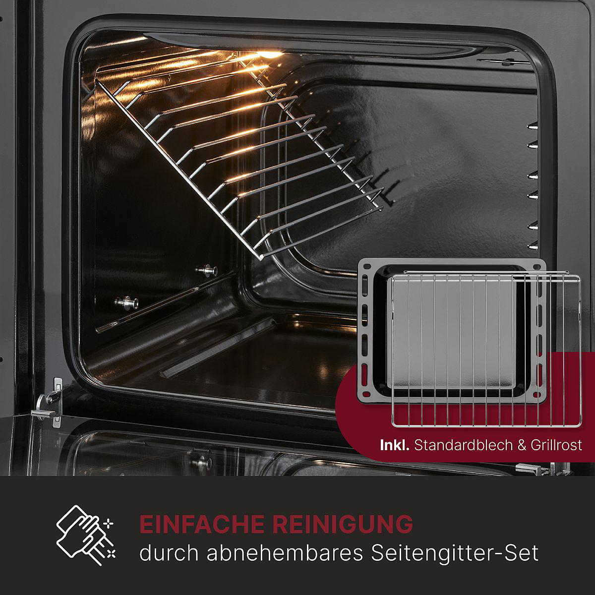 Backofen-Innenraum mit Rost und Blech, Text: Inkl. Standardblech & Grillrost.