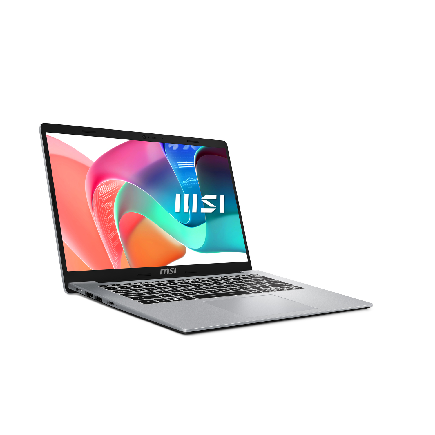 Silver laptop with MSI logo on white background. The screen is on.