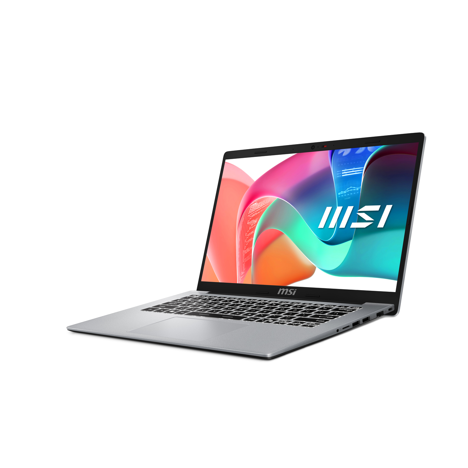 A silver laptop with the screen open, displaying a colorful abstract graphic.