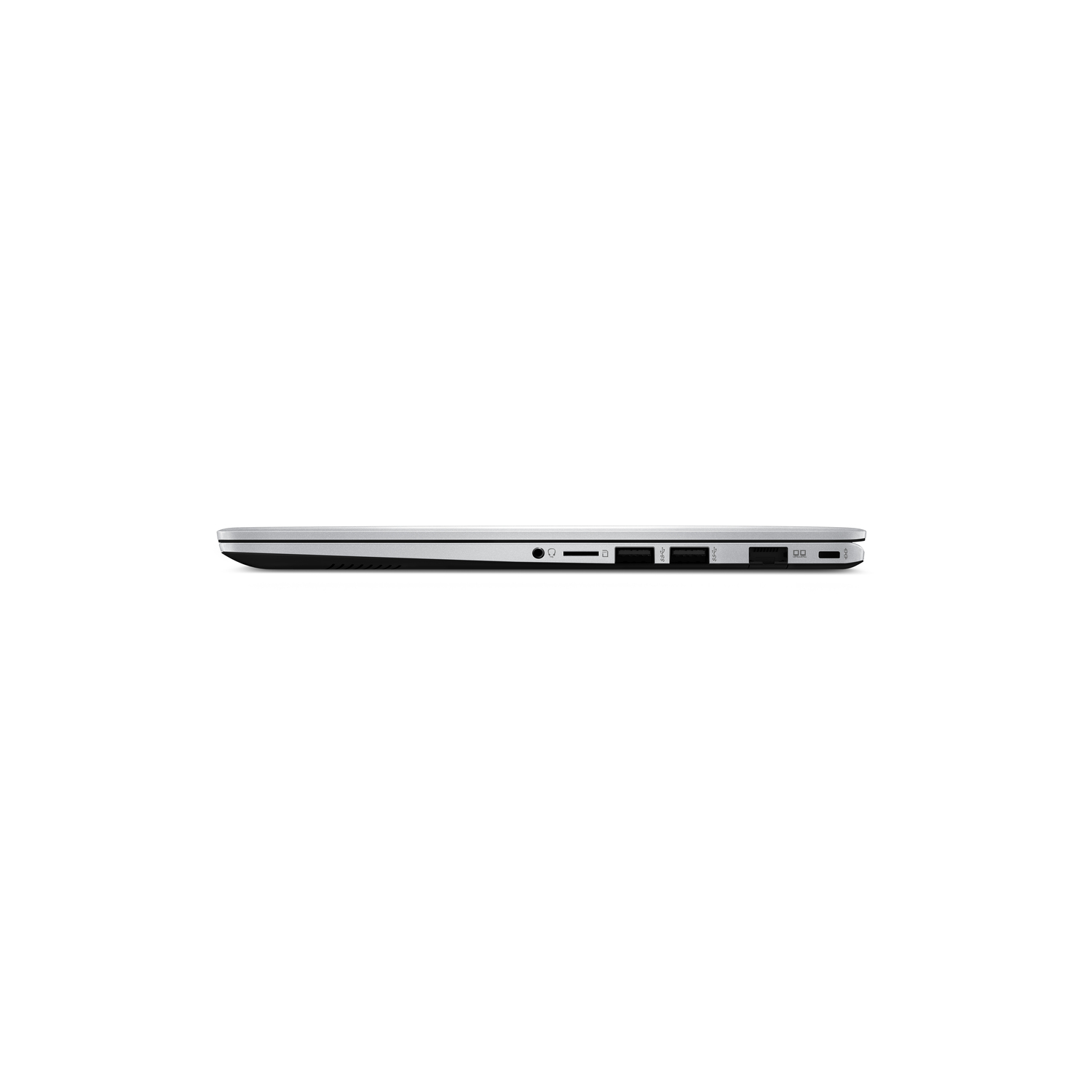 Side view of a silver laptop showing ports. The laptop is on a white background.