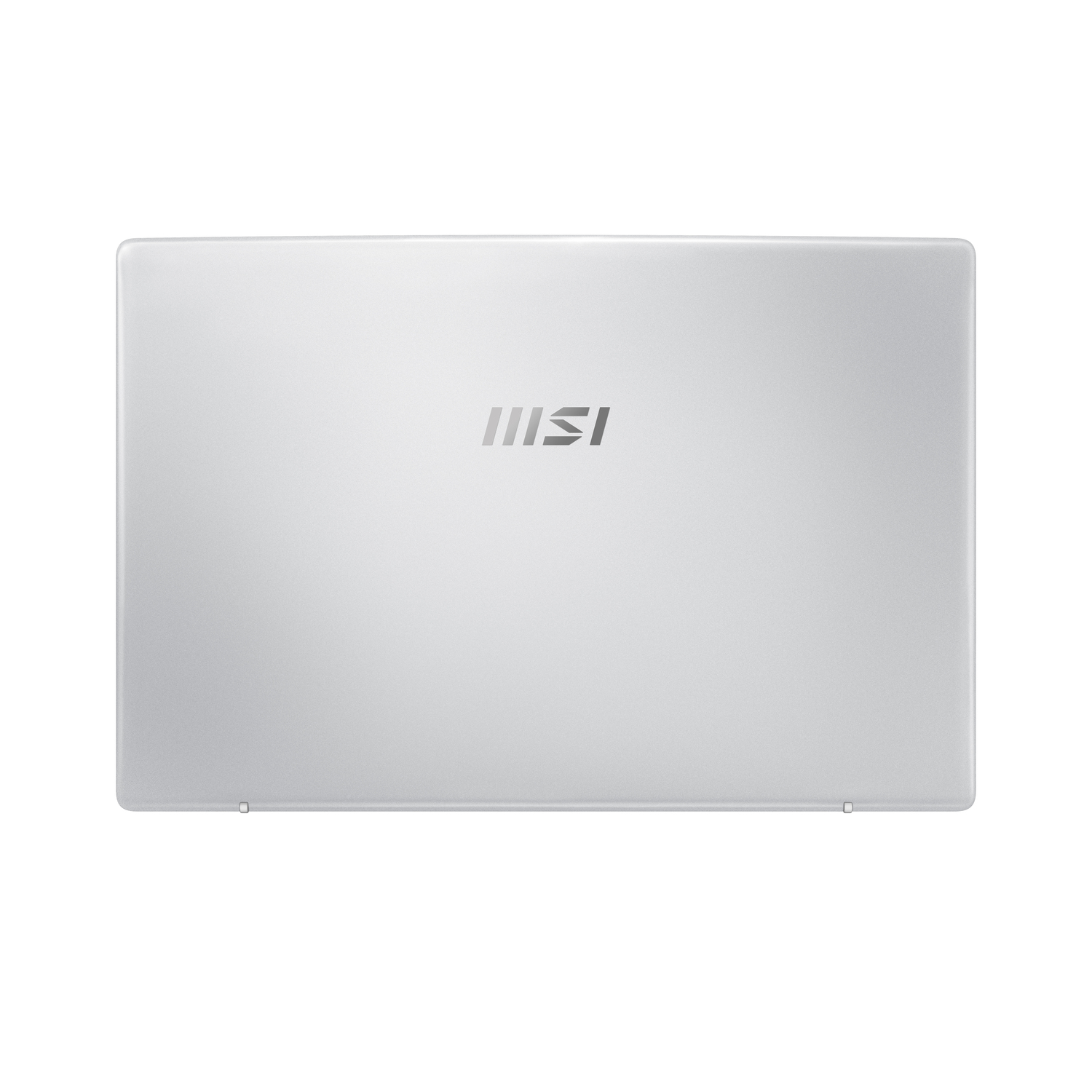 Silver laptop, back view, with the MSI logo centered.