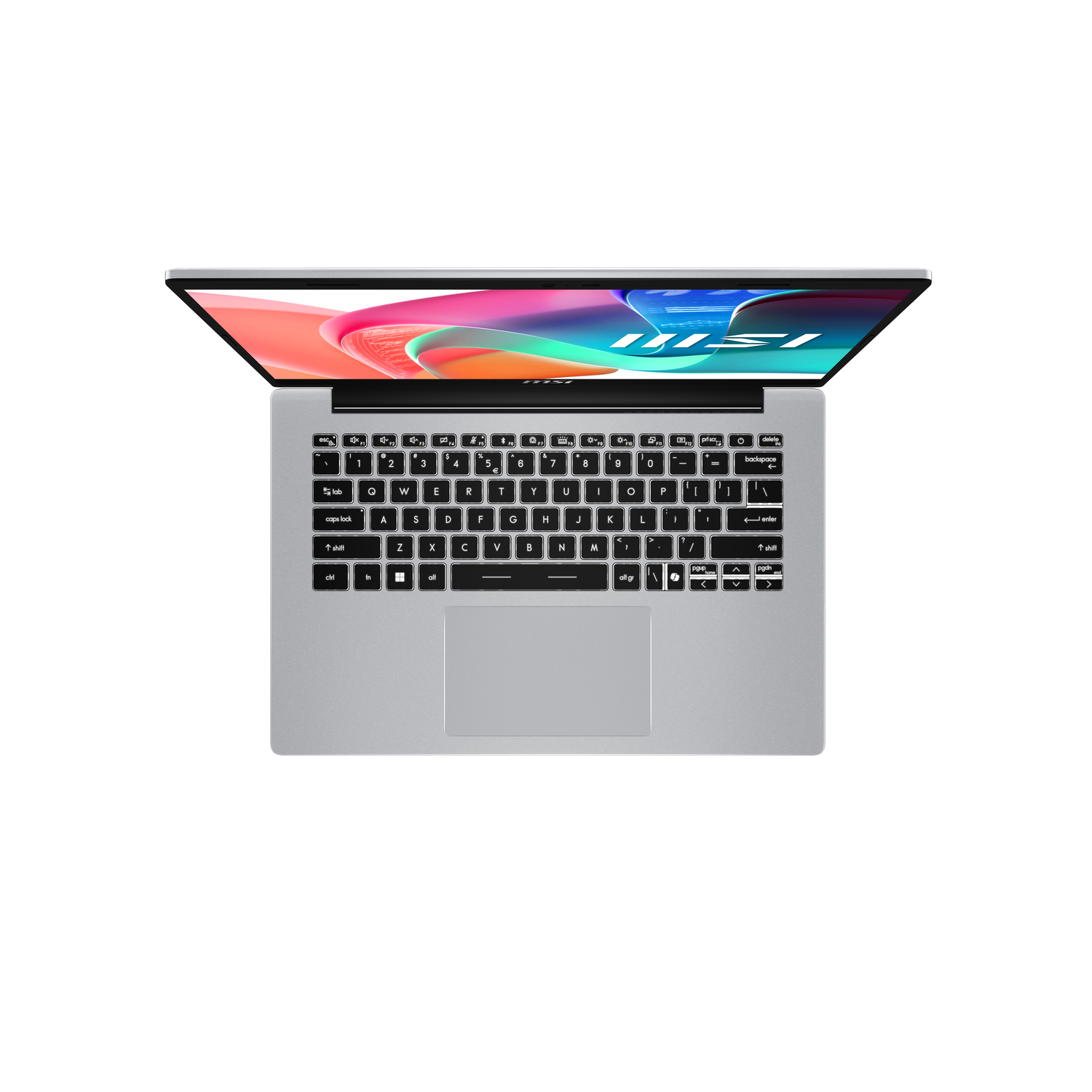A silver laptop with the keyboard visible. The screen is up, showing a colorful image.