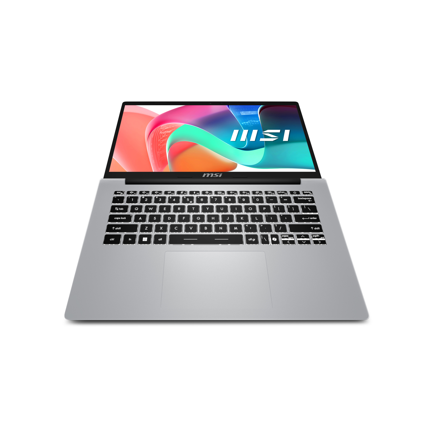 Silver laptop with an open screen displaying a colorful MSI logo on a white background.