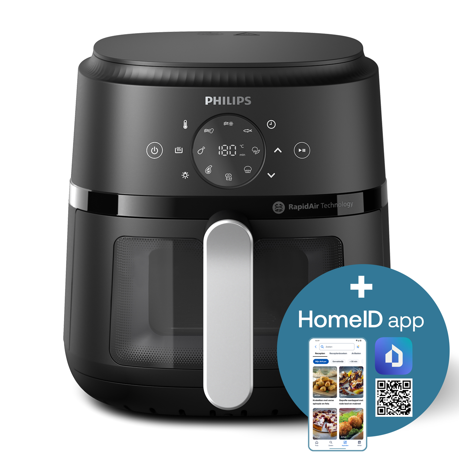 Un Airfryer Philips noir avec affichage numérique, poignée argentée et logo de l'application HomeID avec code QR.