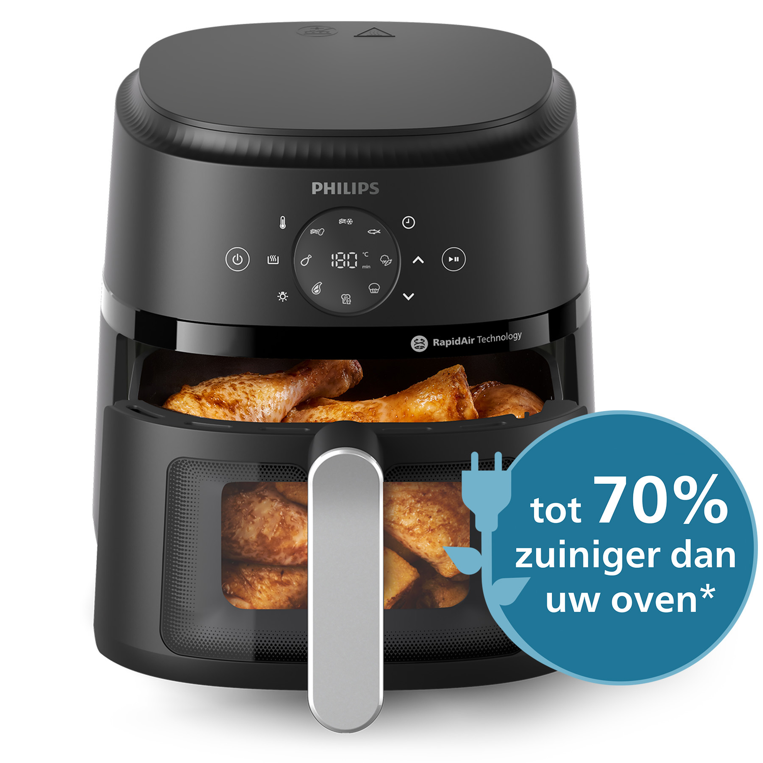 Zwarte Philips airfryer met open mand met gekookte kip, een blauwe cirkel met tekst.