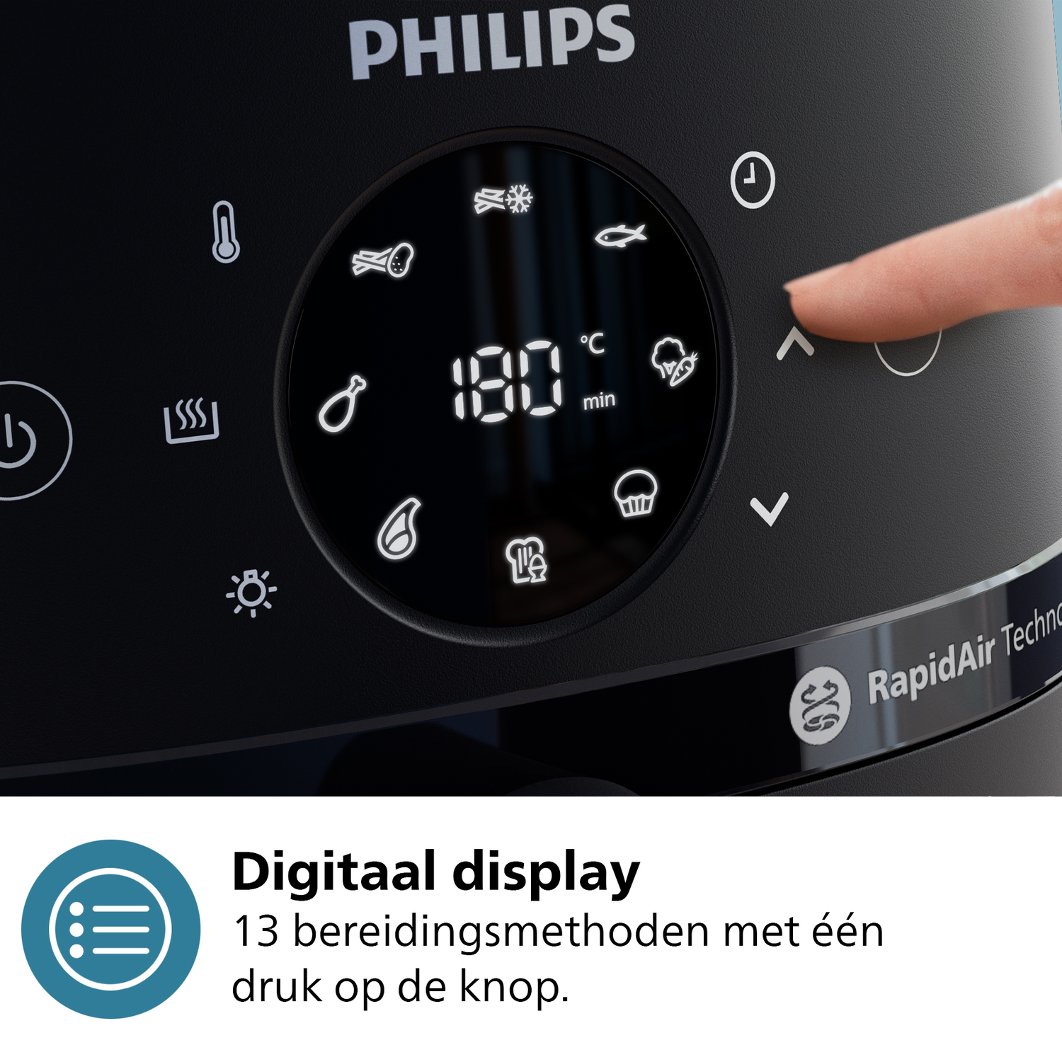 Zwart bedieningspaneel van Philips airfryer met 180 graden.