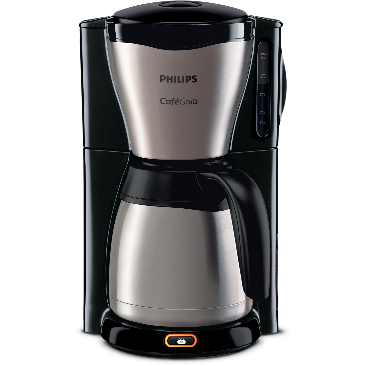 Black and silver coffee maker with a Philips logo and the name Cafe Gaia. It has a silver carafe.