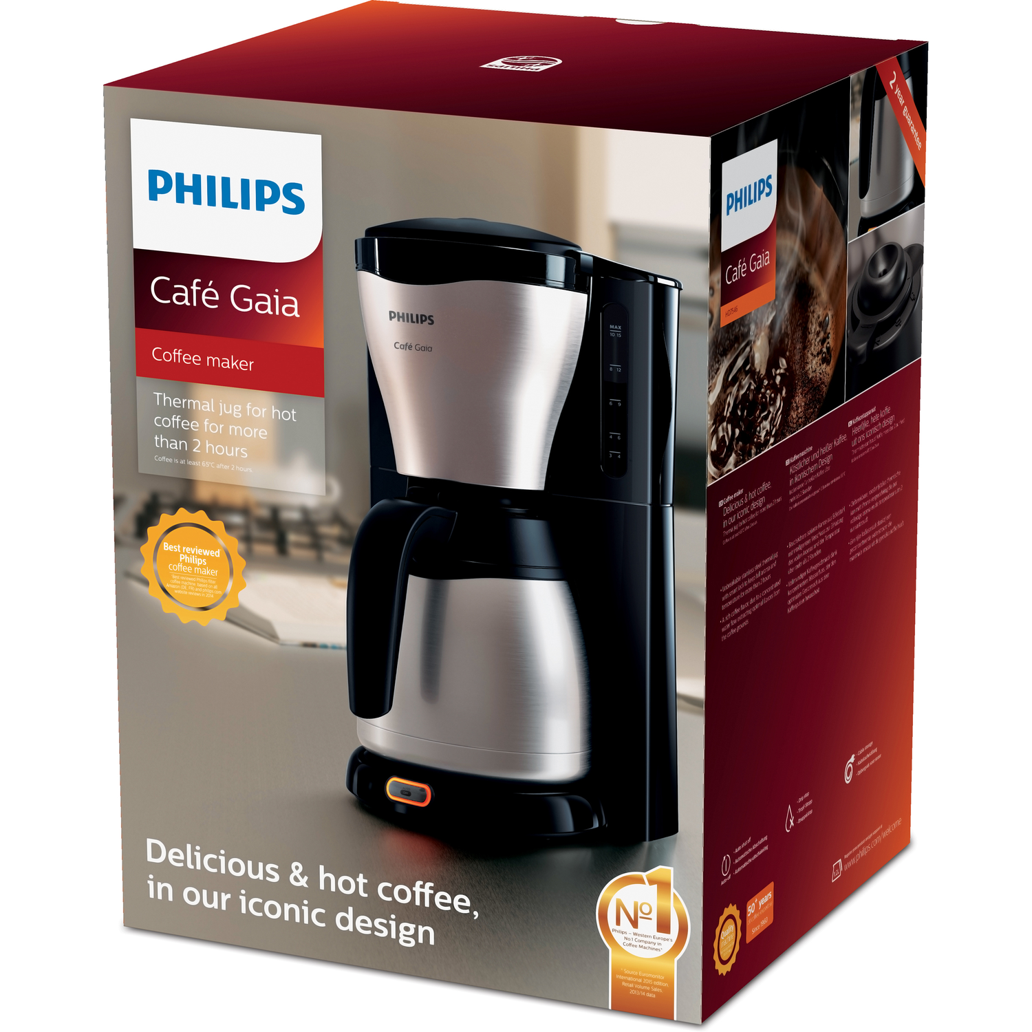 Philips Cafe Gaia coffee maker with box. Box has coffee machine images and text. White background.